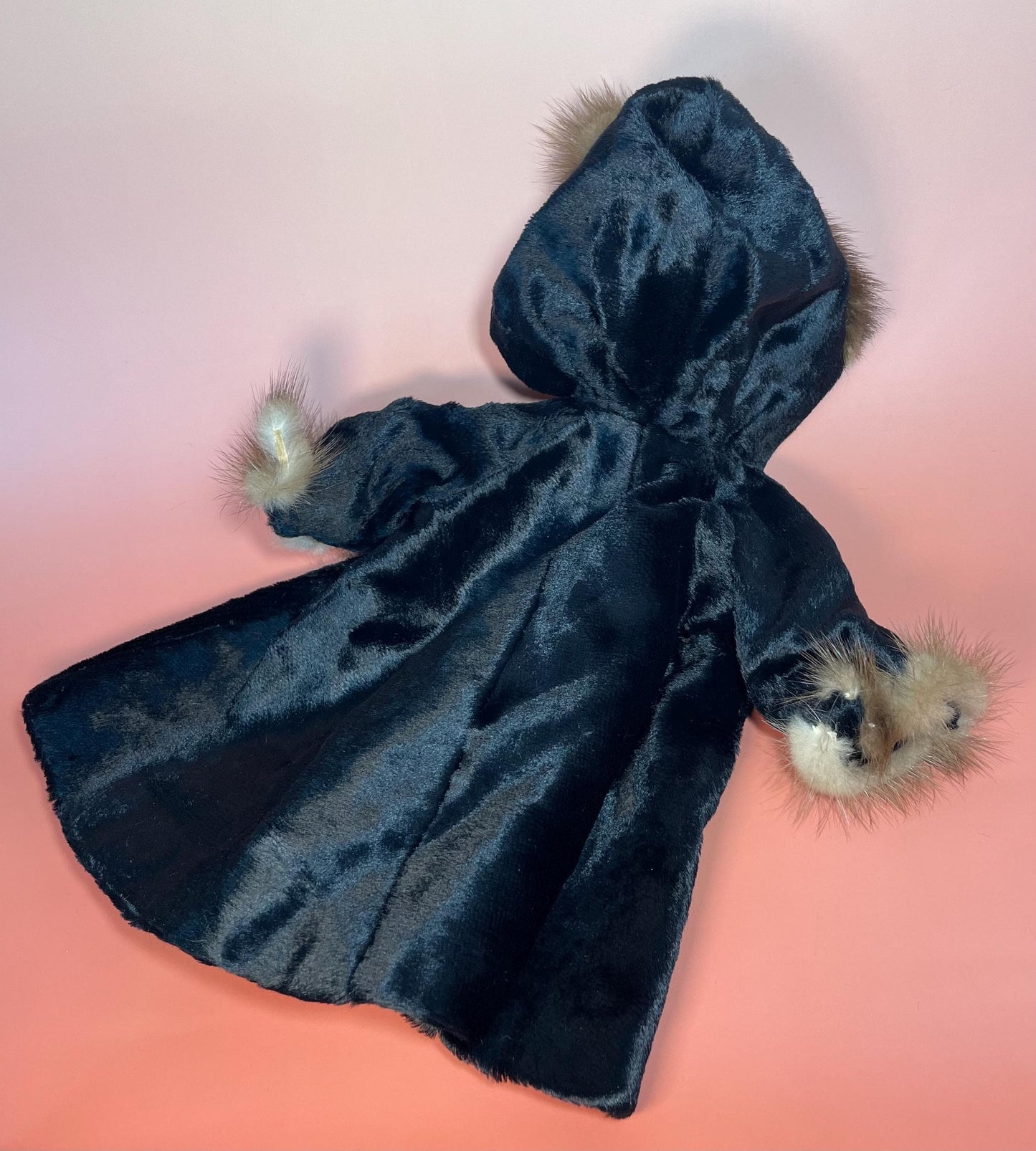 Vintage Black Doll coat with fur hood, fur cuffs and red lining