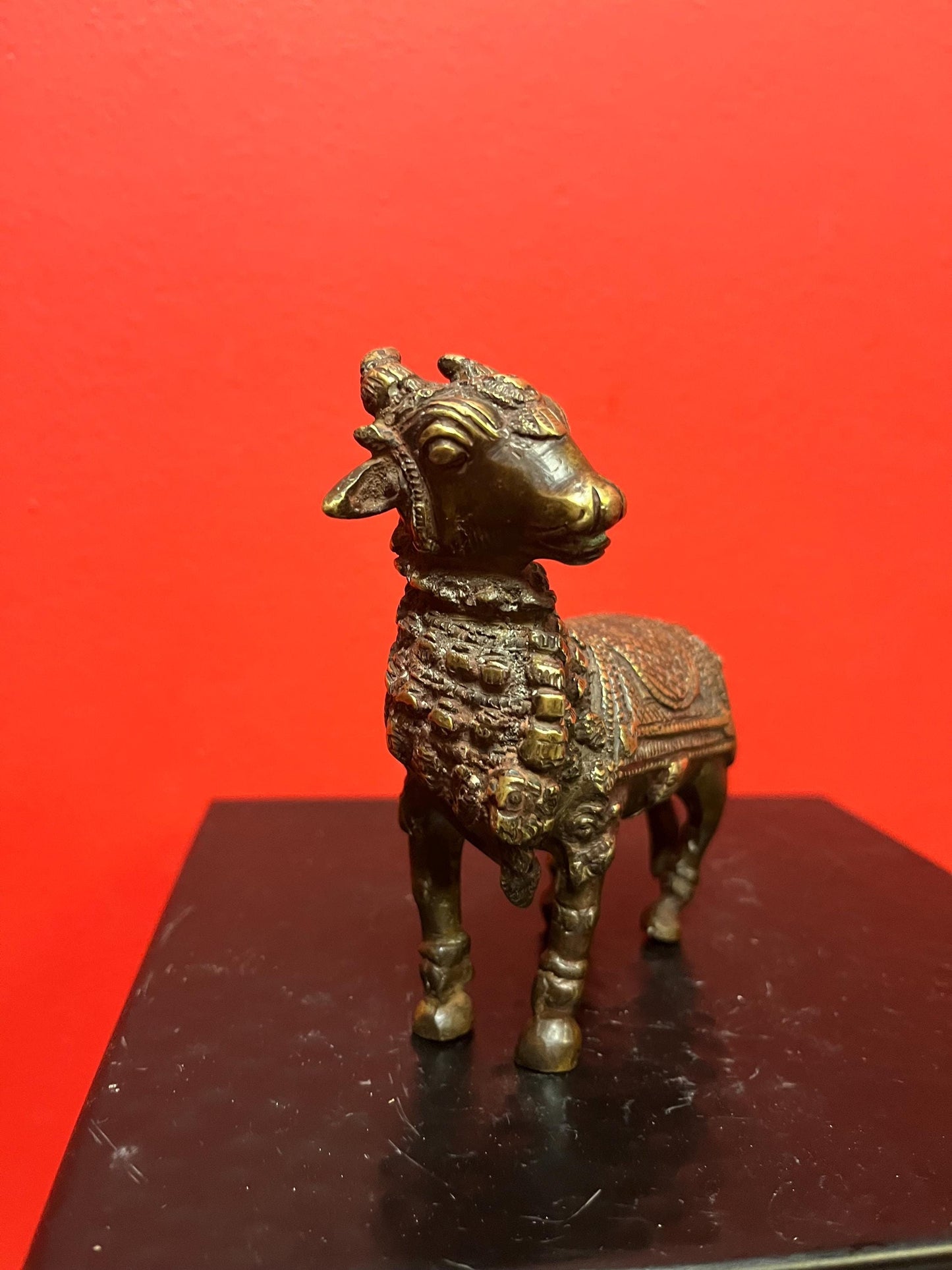 Approximately 18 century Nepalese bronze statue of a bull Shabdakosh - with amazing patina and gilding heavy 4 x 4 inches long- wow