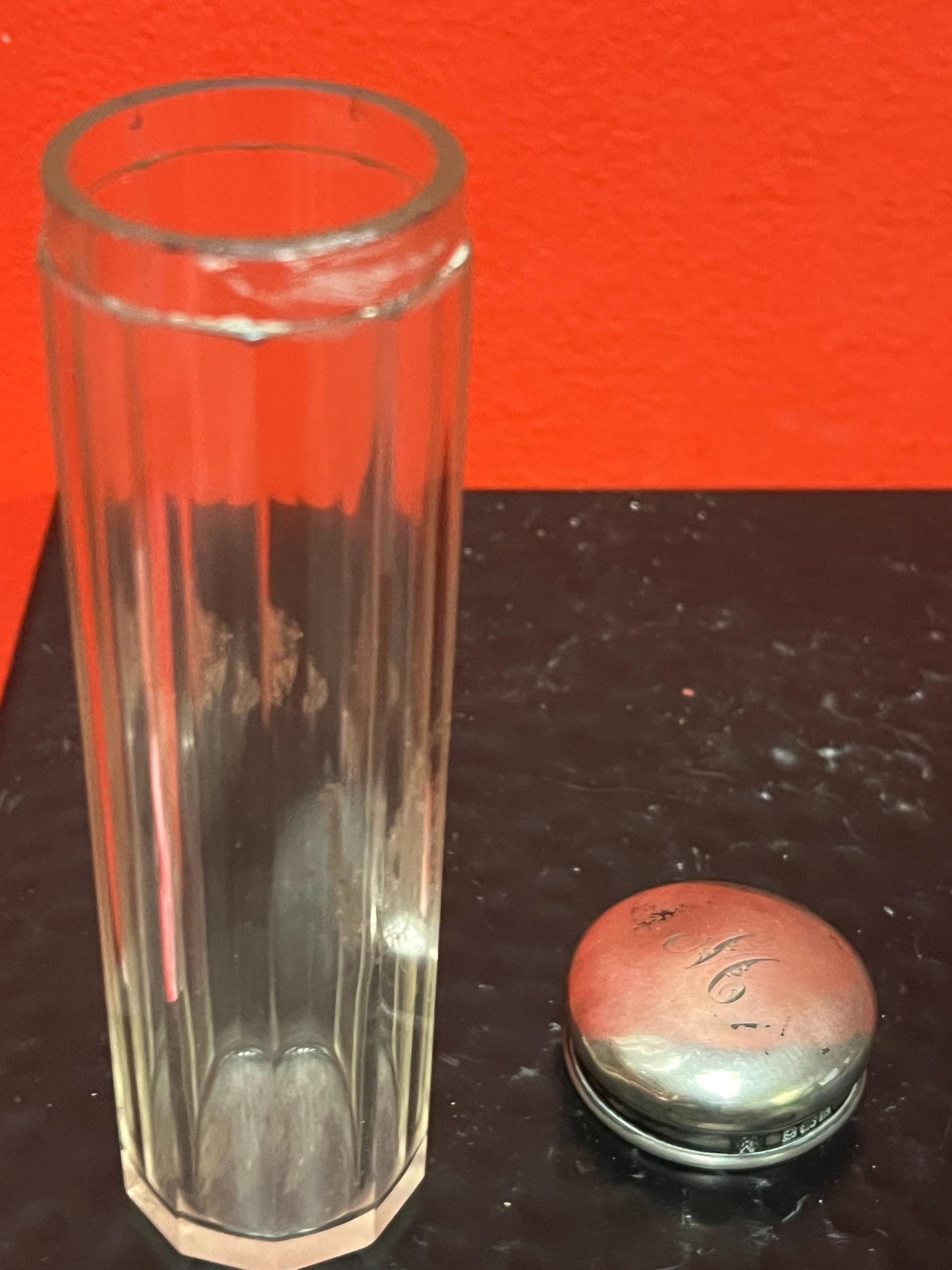 5 inch long English hallmarked sterling silver and crystal perfume bottle Good condition