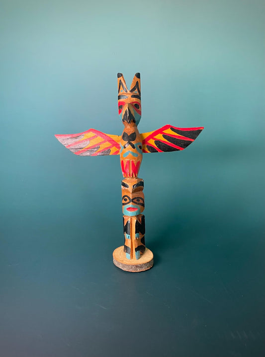 Hand-Carved Hand-Painted Indigenous Totem  9 inches Tall with 7inch Wingspan