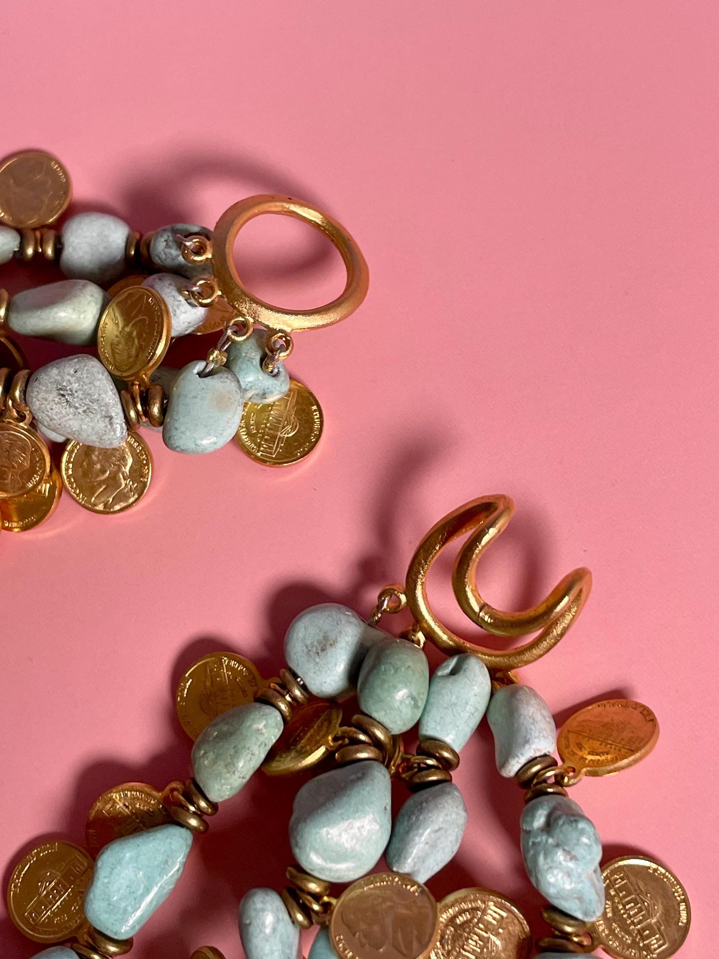 18 inch heavy Layered Necklace with Turquoise, Small Gold Coins, and Red Beads