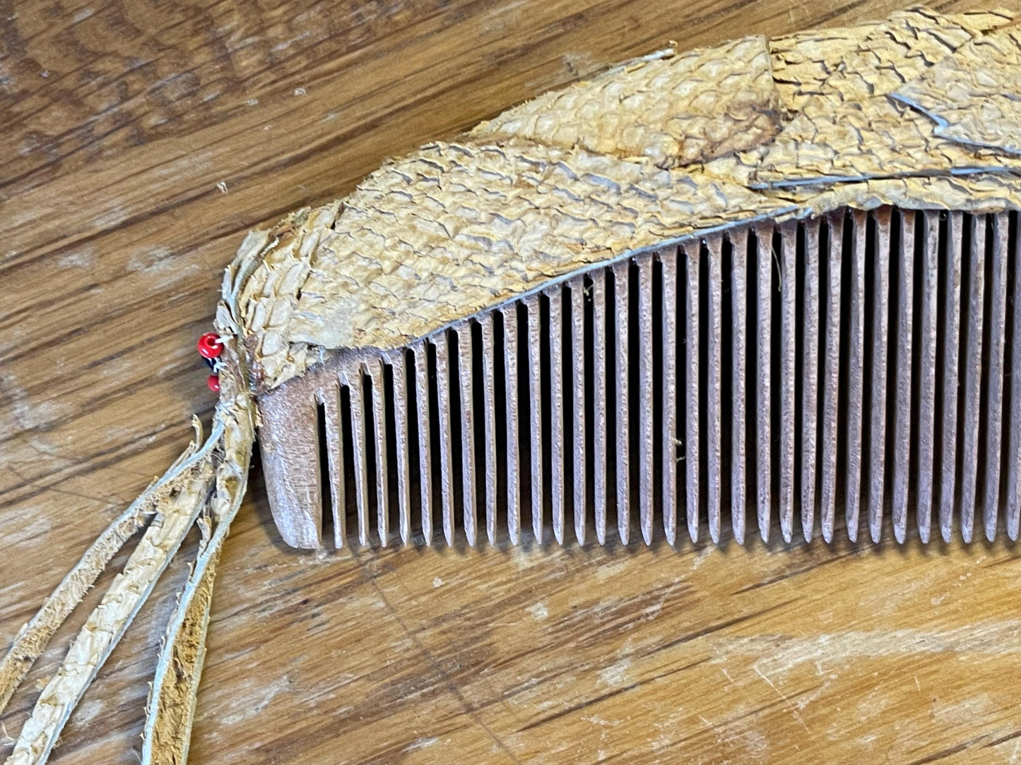 Native Beaded and Leather Covered Wooden Comb