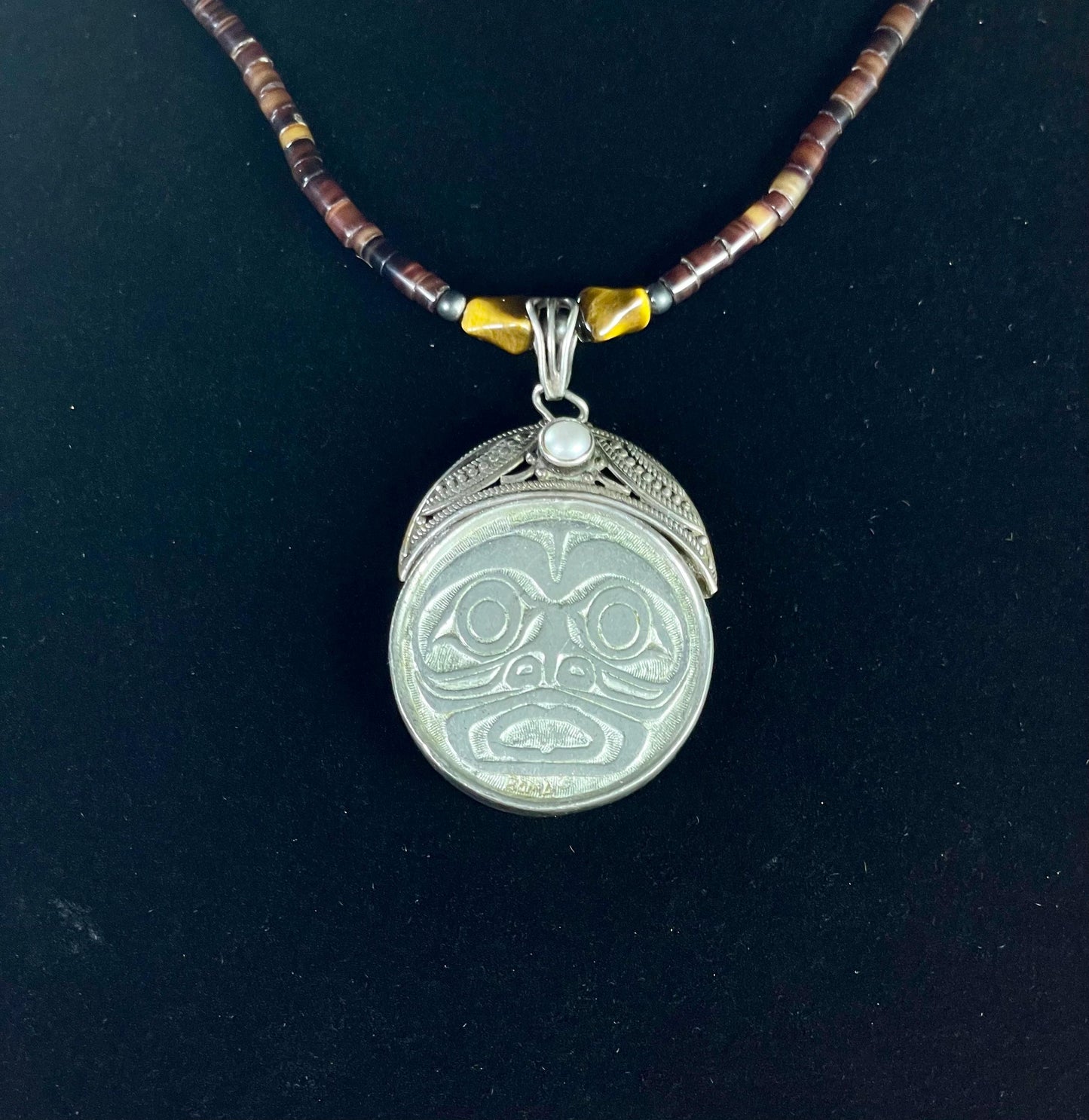 Native First Nations Sterling Silver and Beaded Pendant Necklace