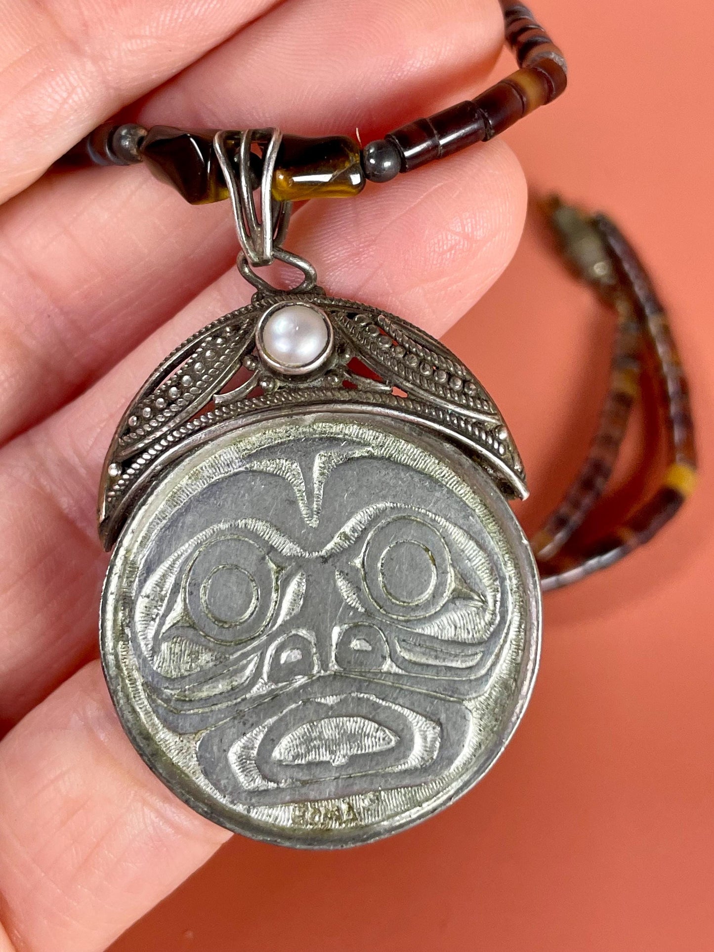 Native First Nations Sterling Silver and Beaded Pendant Necklace