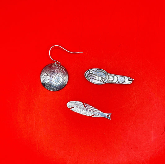 Indigenous First Nations Sterling Silver Earring, Pendant and feather  great value