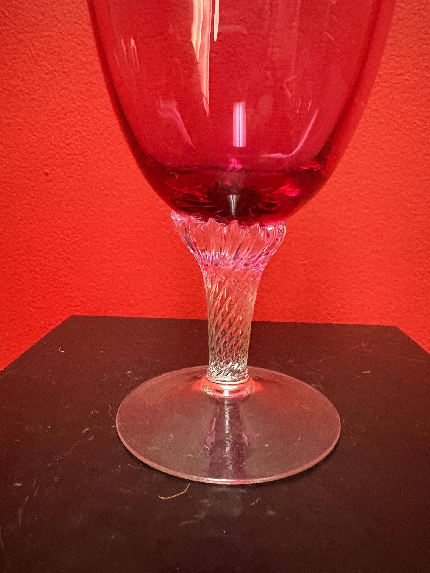 Stunning 7 inch tall antique air twist cranberry glass wine glass goblet in perfect condition - multiple available