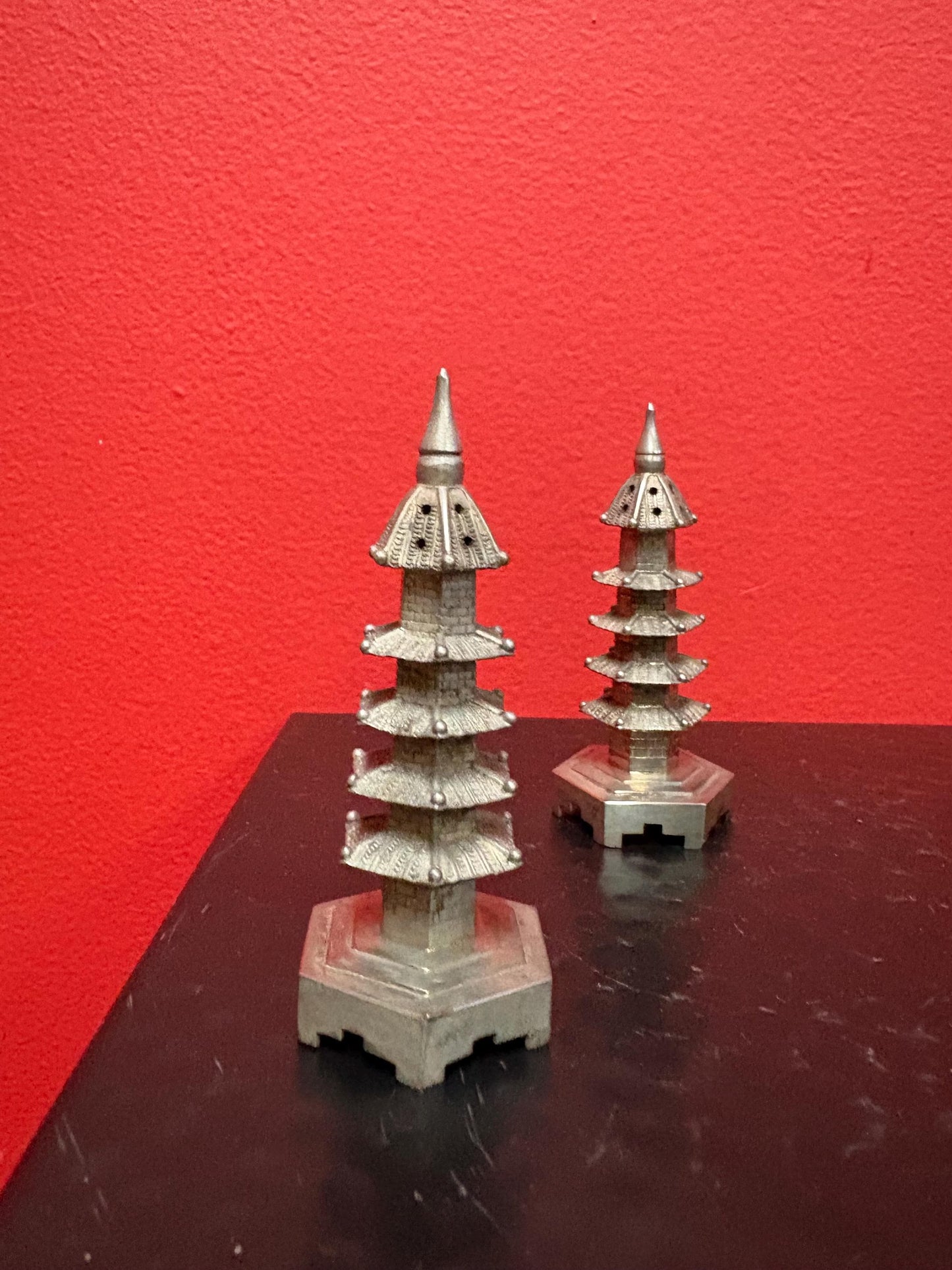 Beautiful Asian Sterling pagoda Salt-N-Pepper 3.25 inch high stamped great gift- lovely detail