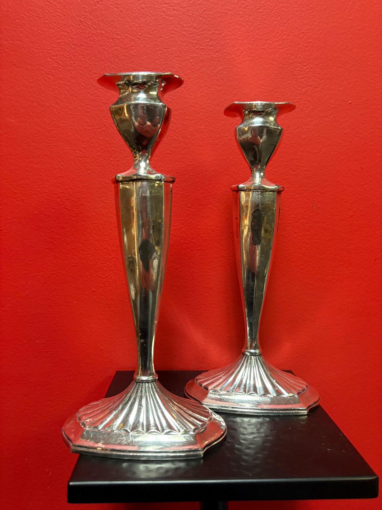 Lovely English silver plated candlesticks 10 inches tall not perfect and great value wedding gift