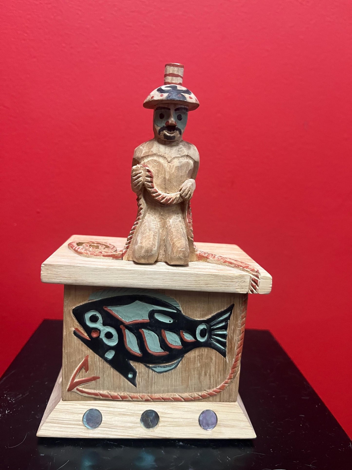 Beautiful indigenous first nations Haida wooden carved and painted box great detail and abalone features 7 x 4 wide