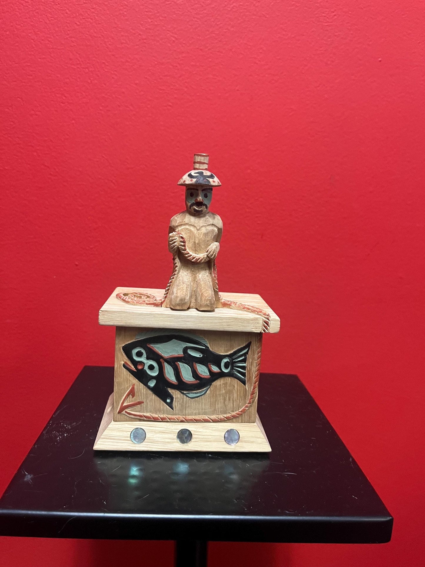 Beautiful indigenous first nations Haida wooden carved and painted box great detail and abalone features 7 x 4 wide