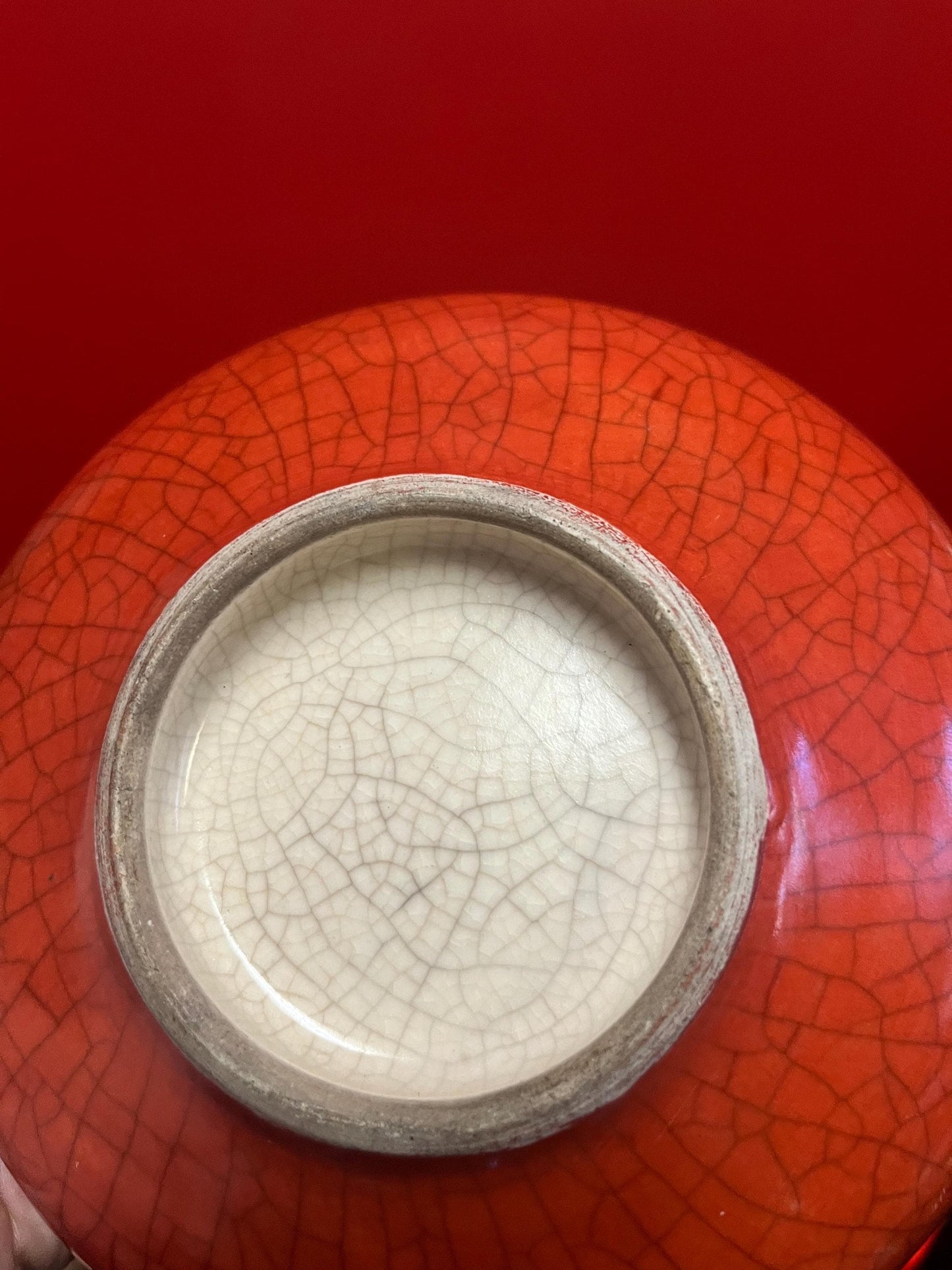 Absolutely beautiful Asian crackle crazed antique orange bowl wonderful condition and 8 inches long most likely Chinese
