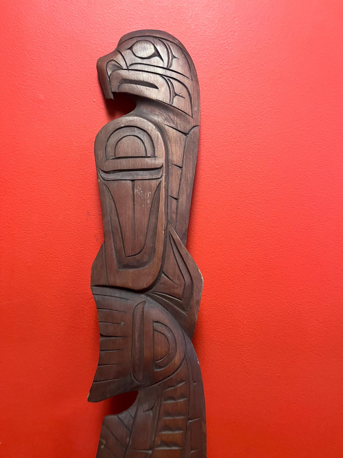 Beautiful indigenous first nations Pacific Northwest Coast Eagle Salmon plaque 30 inches long great detail signed EITOLL ASHLEY