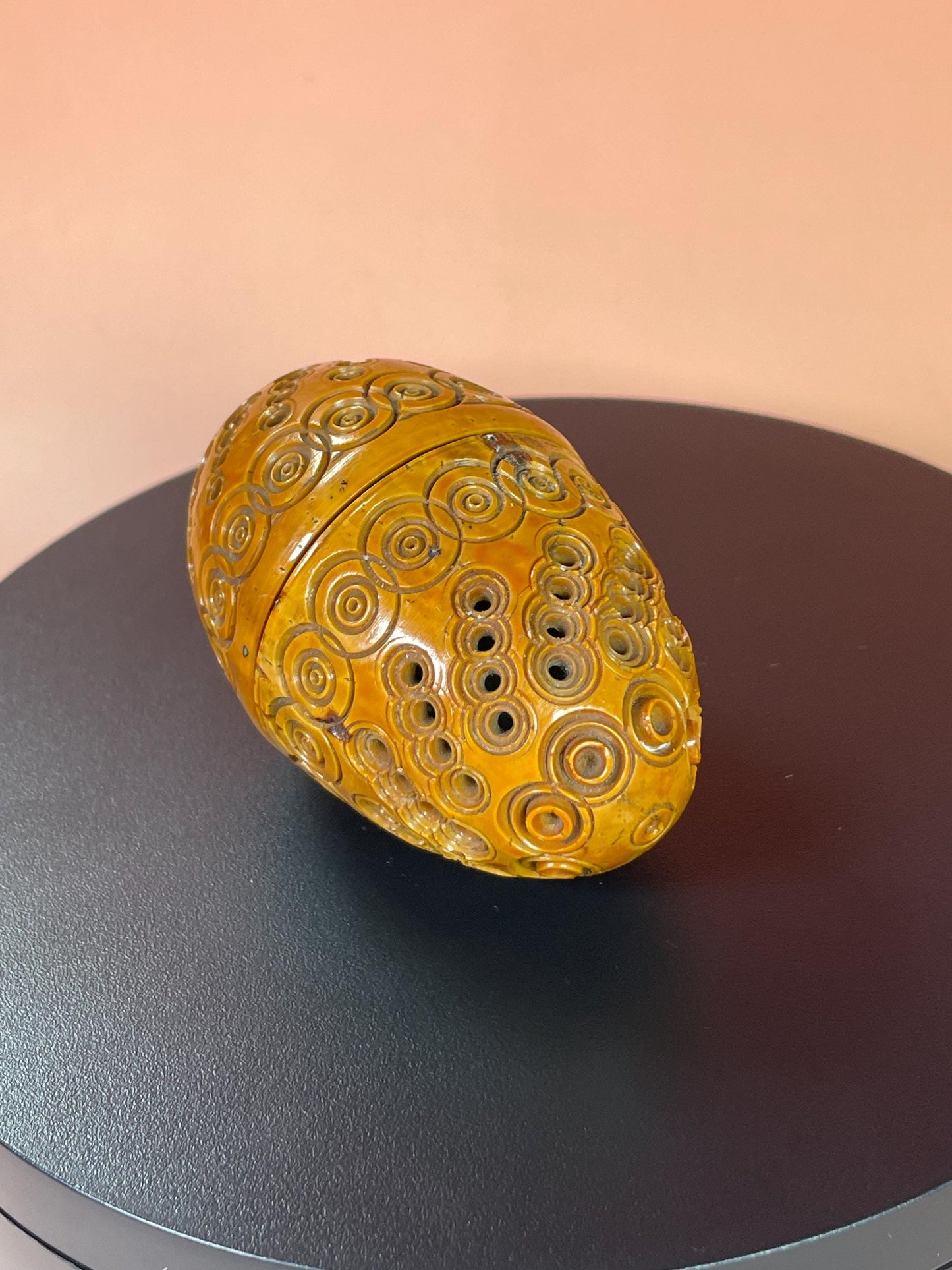 3 inch Carved Wooden Egg with Hidden Green Stone