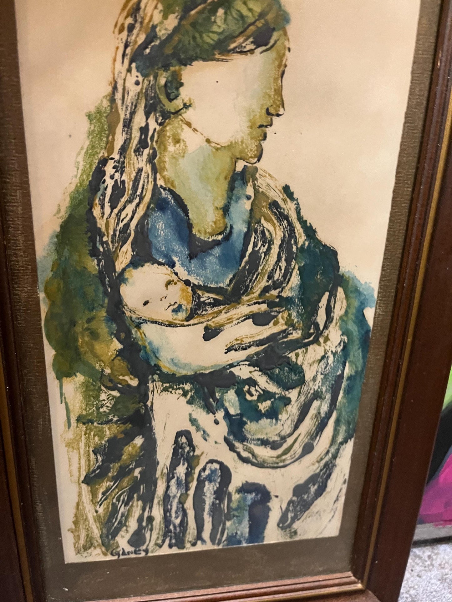 Beautiful 12 x 7 original painting on paper signed in nice frame mid century modern mother and child