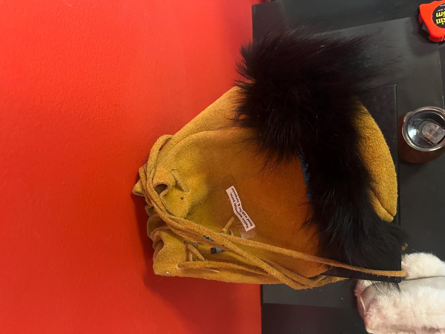 stunning American native moosehide purse lined with fur and turquoise pretty good condition see photos- 34 inches total and bag 10 inches