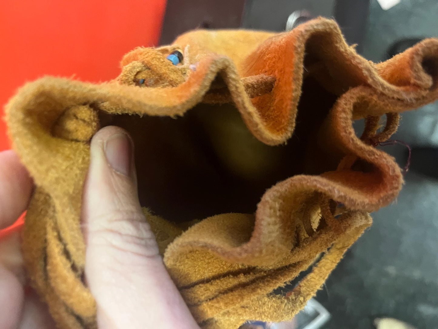 stunning American native moosehide purse lined with fur and turquoise pretty good condition see photos- 34 inches total and bag 10 inches