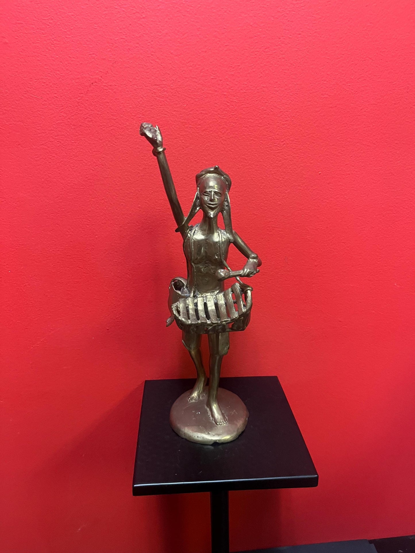 Absolutely stunning 14 inch tall, antique Ashanti African bronze statue of a drummer from major collection with amazing patina