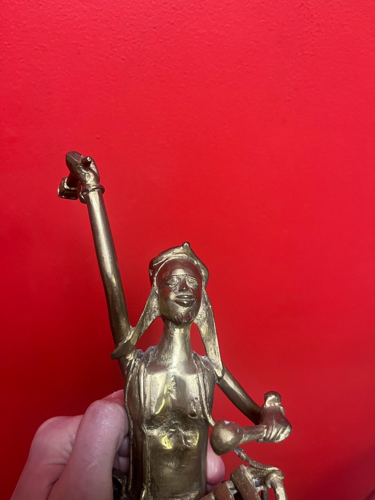 Absolutely stunning 14 inch tall, antique Ashanti African bronze statue of a drummer from major collection with amazing patina