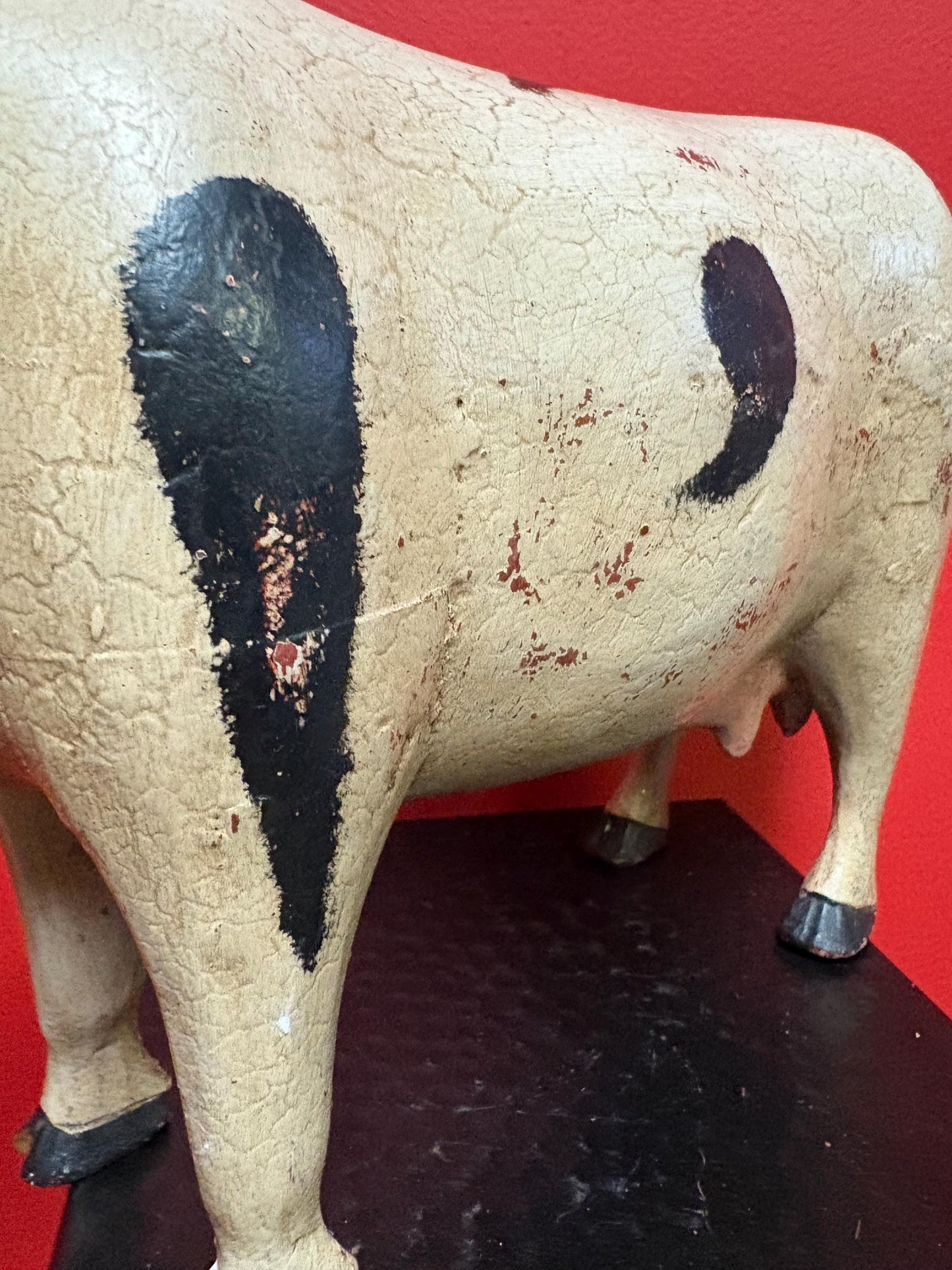 Absolutely fabulous folk art wooden cow great detail and beautiful patina older piece and great gift - 13 x 8 high