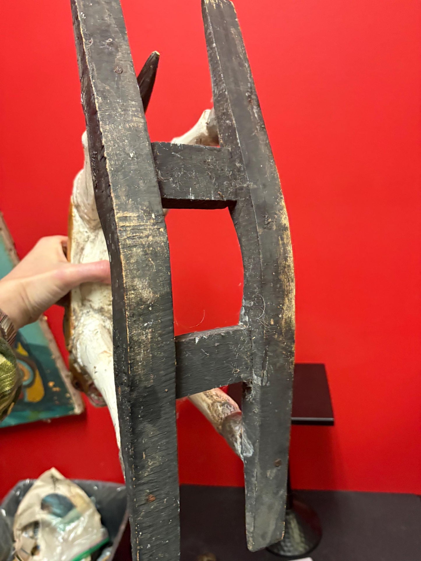 19 x 21“ high antique primitive wooden polychrome painted rocking horse in used condition see photos perfect home or cabin decor