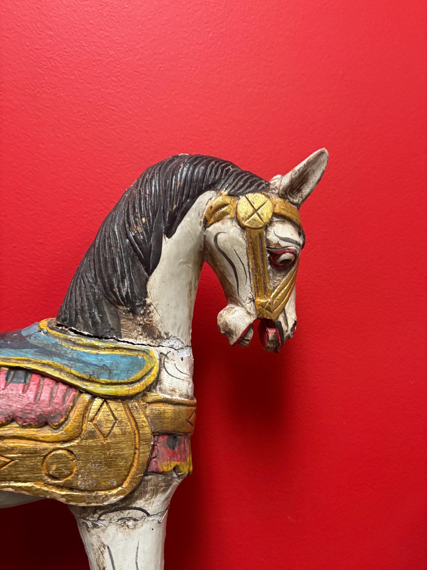 19 x 21“ high antique primitive wooden polychrome painted rocking horse in used condition see photos perfect home or cabin decor