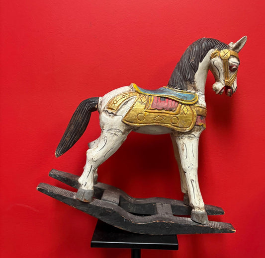 19 x 21“ high antique primitive wooden polychrome painted rocking horse in used condition  see photos  perfect home or cabin decor