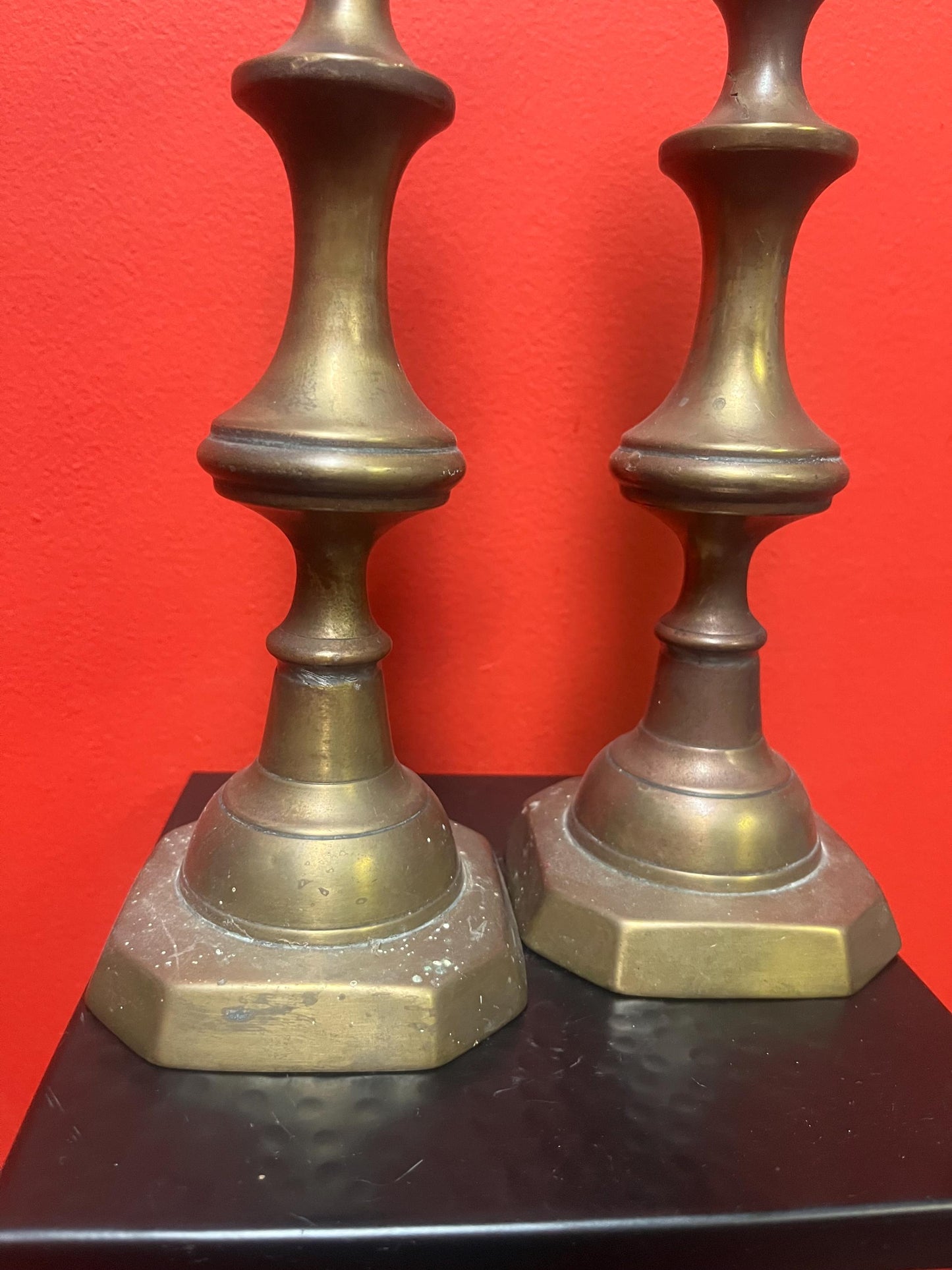 Beautiful antique brass candlesticks 11 inches tall and stable on the table - lovely pair