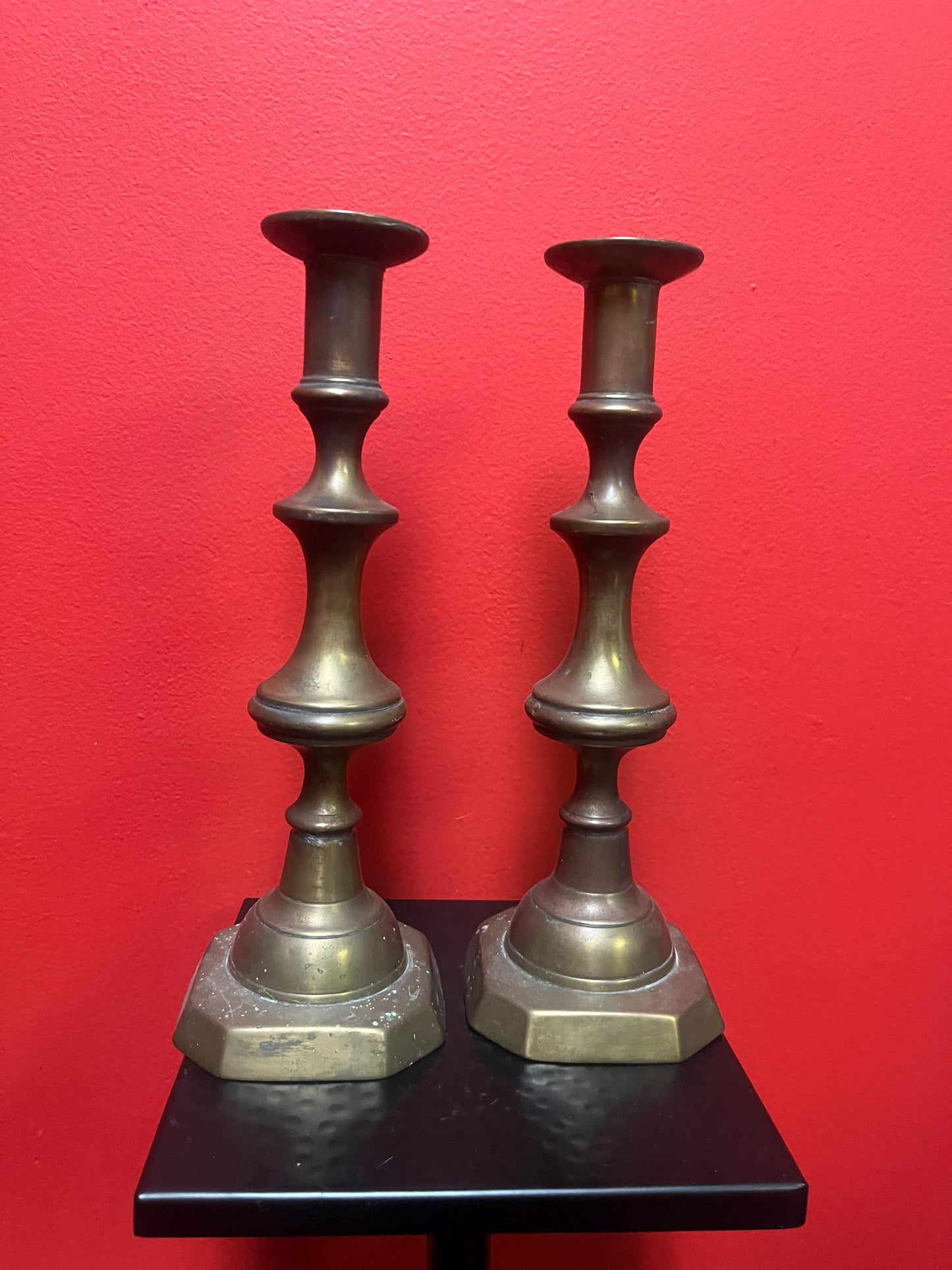 Beautiful antique brass candlesticks 11 inches tall and stable on the table - lovely pair