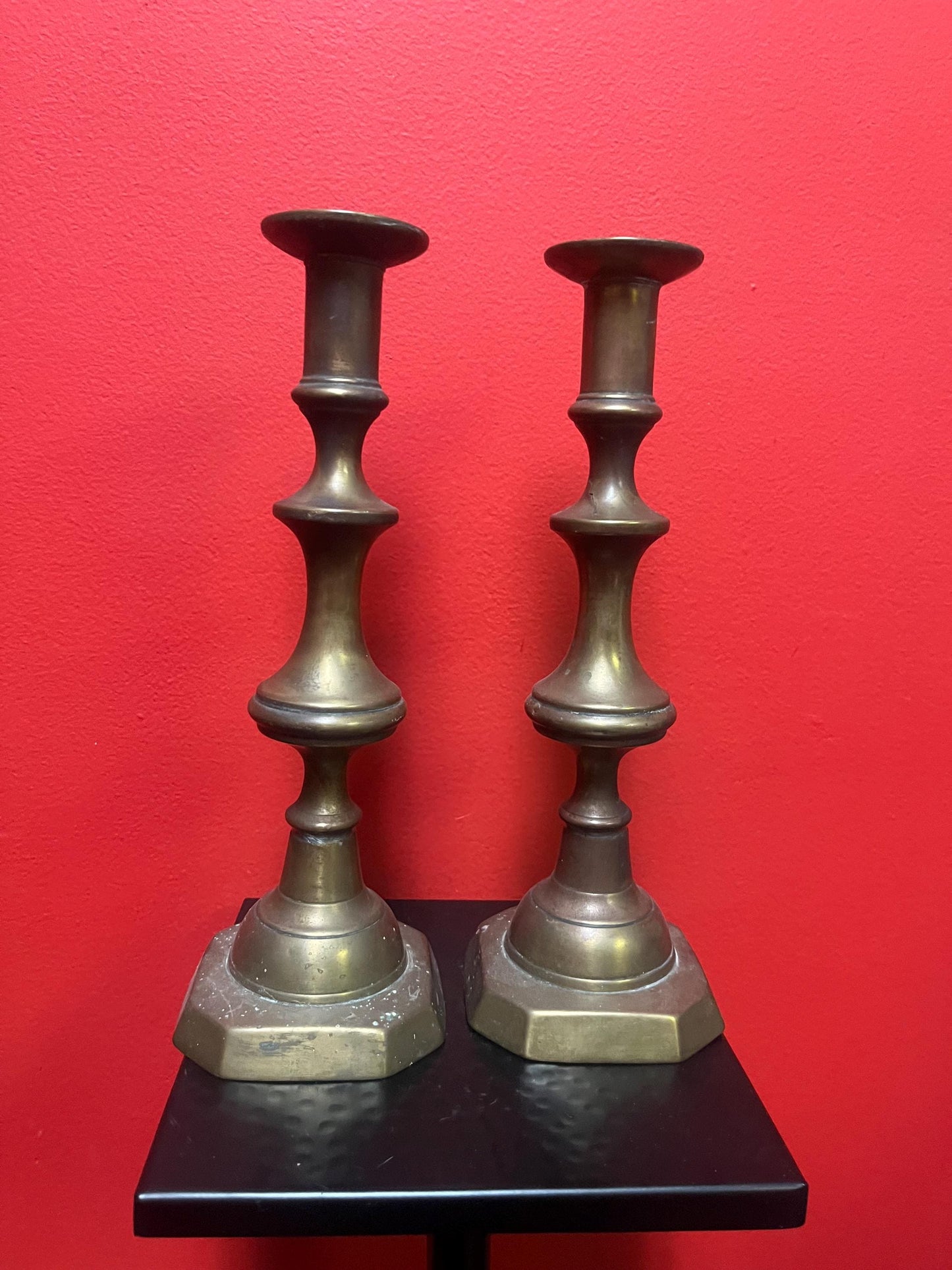 Beautiful antique brass candlesticks  11 inches tall and stable on the table - lovely pair