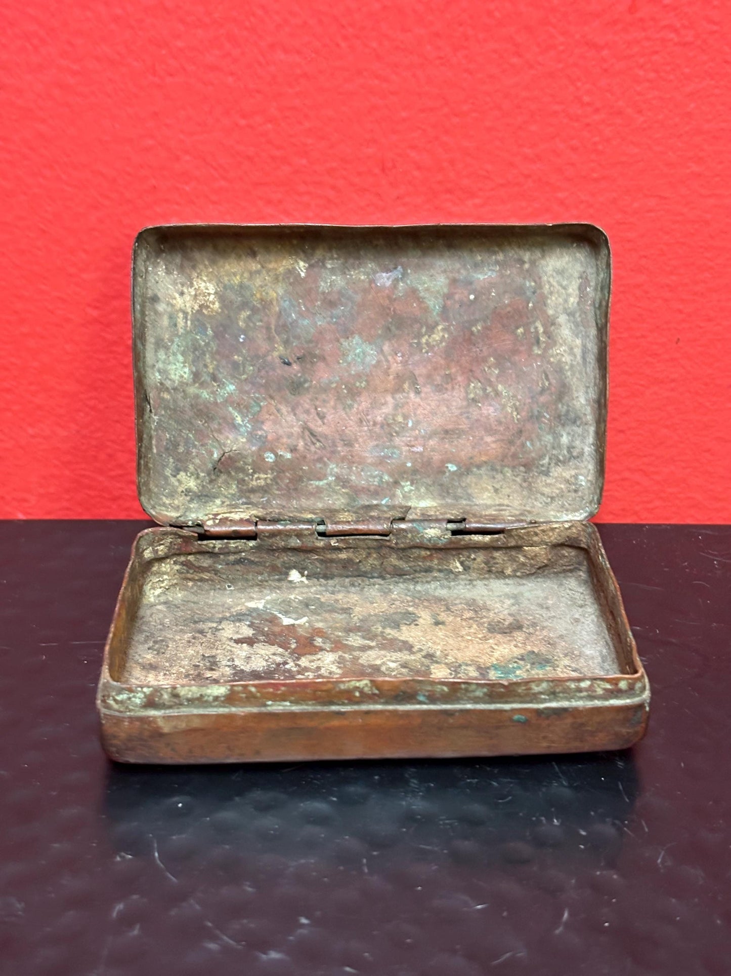 Remarkable ancient Chinese copper snuff box 4 x 2.5 x .5 high- intensely simple wow