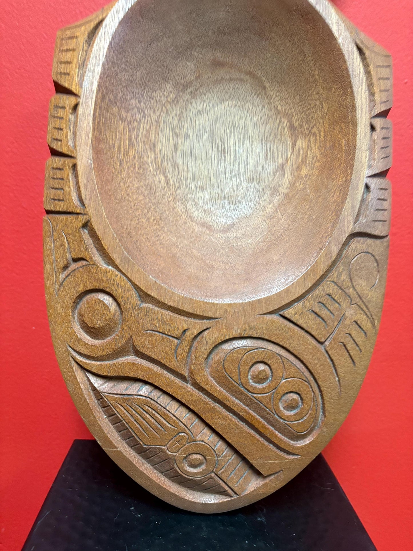 Stunning Canadian indigenous First Nations north west coast 17 x 9 inch wood feast bowl in shape of a salmon - Norman Bob