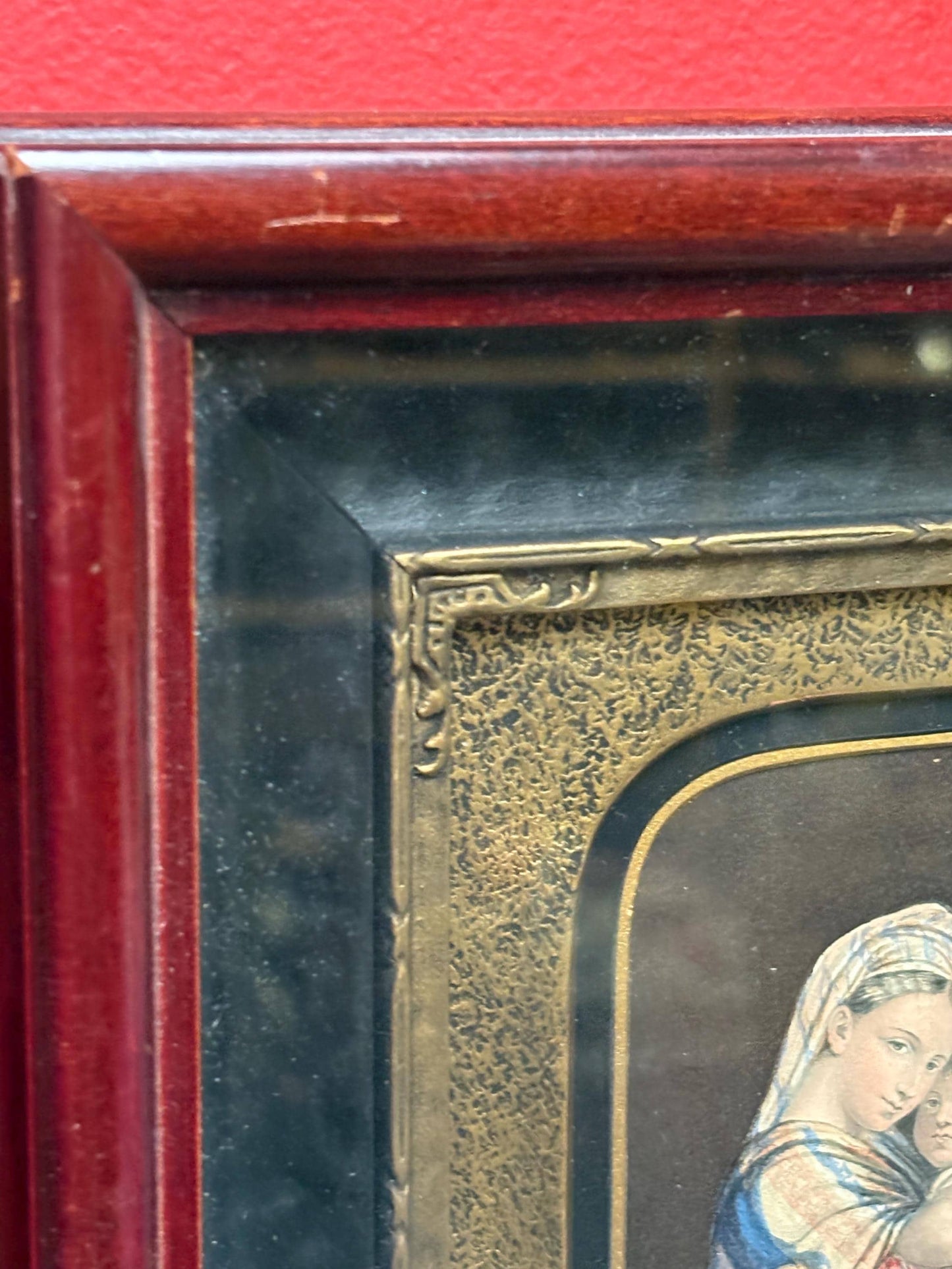 Stunning authentic English Baxter print in wonderful GILT and mahogany frame - the holy family by Rafael 11 x 9.5- religious Baxter print