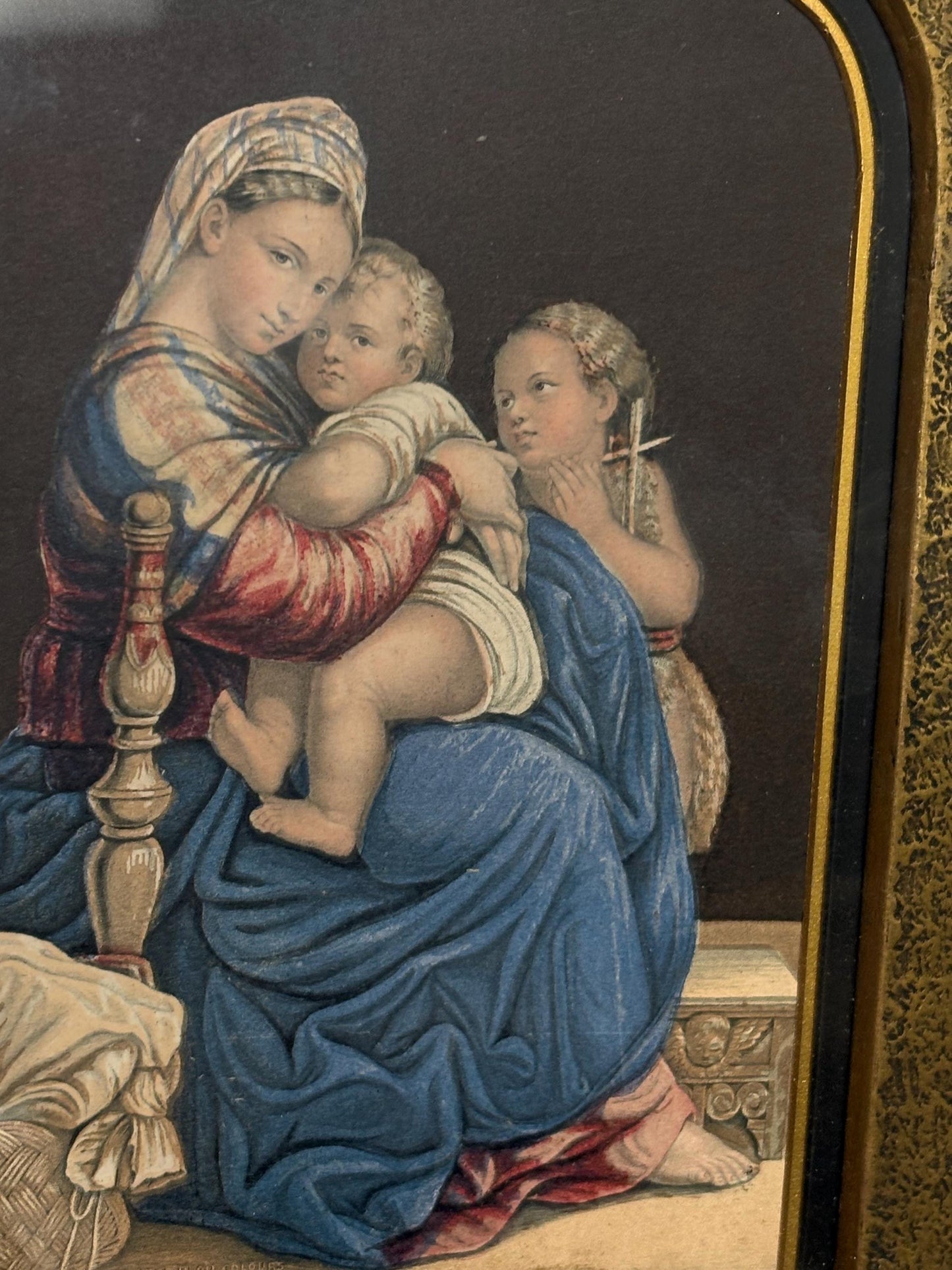 Stunning authentic English Baxter print in wonderful GILT and mahogany frame - the holy family by Rafael 11 x 9.5- religious Baxter print