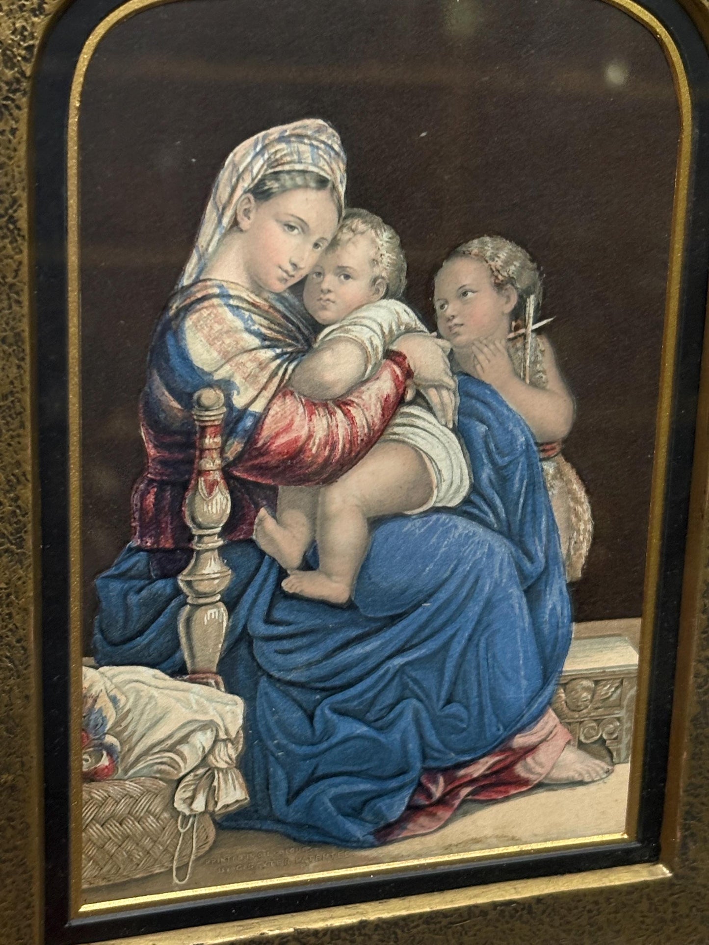 Stunning authentic English Baxter print in wonderful GILT and mahogany frame - the holy family by Rafael 11 x 9.5- religious Baxter print