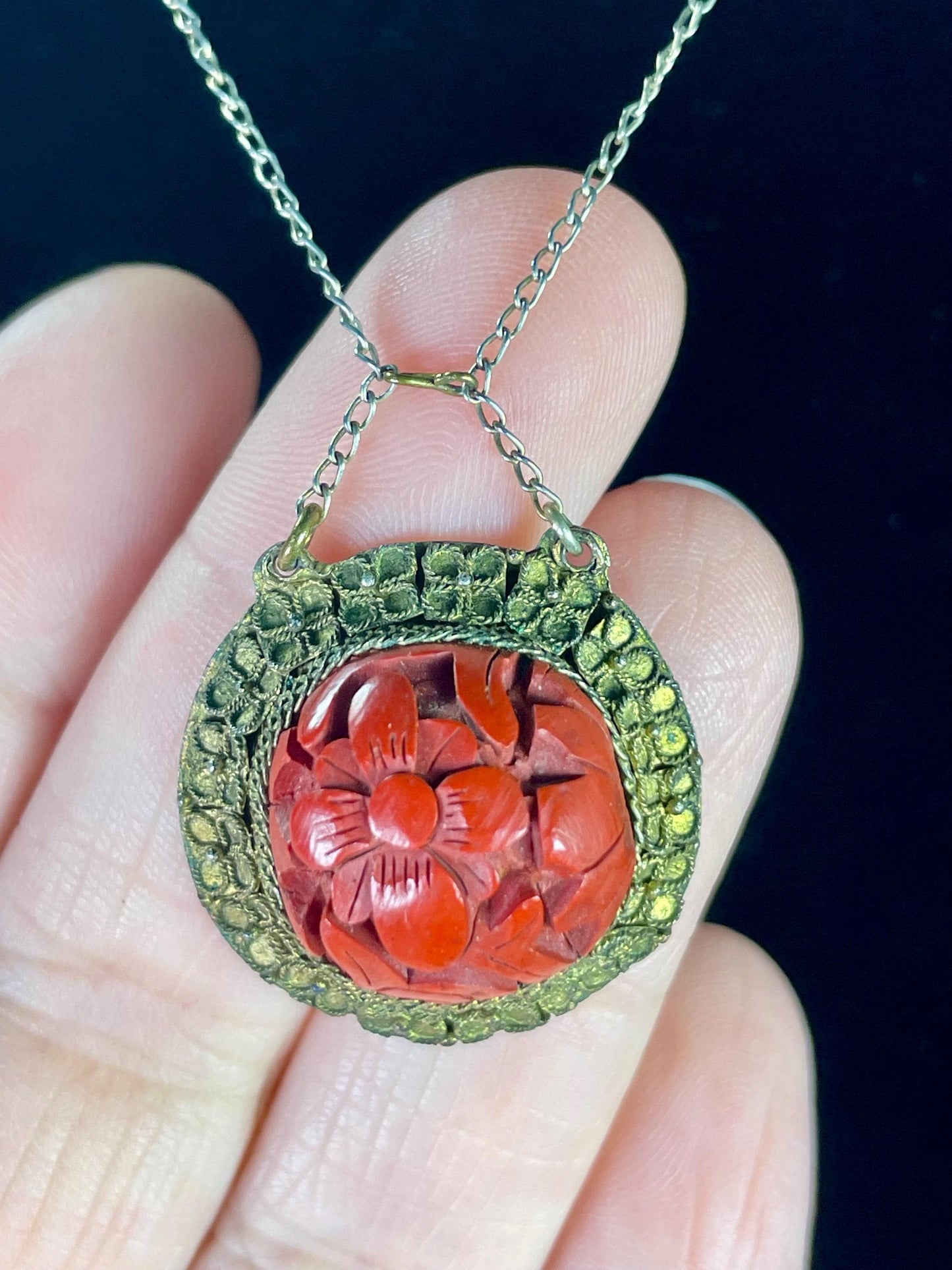 18 inch Brass and Cinnabar Necklace