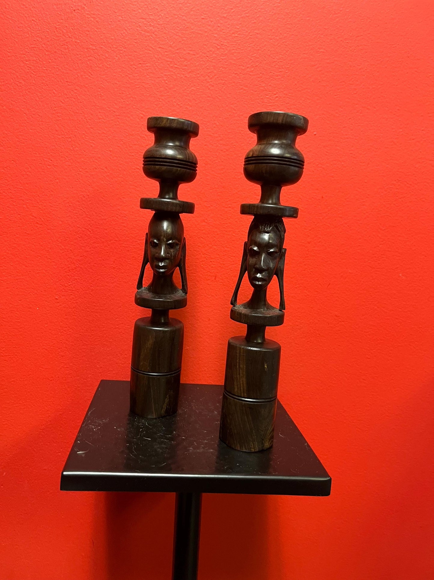 Lovely African Ebony wood candlesticks  10 inches tall  his and hers  great value