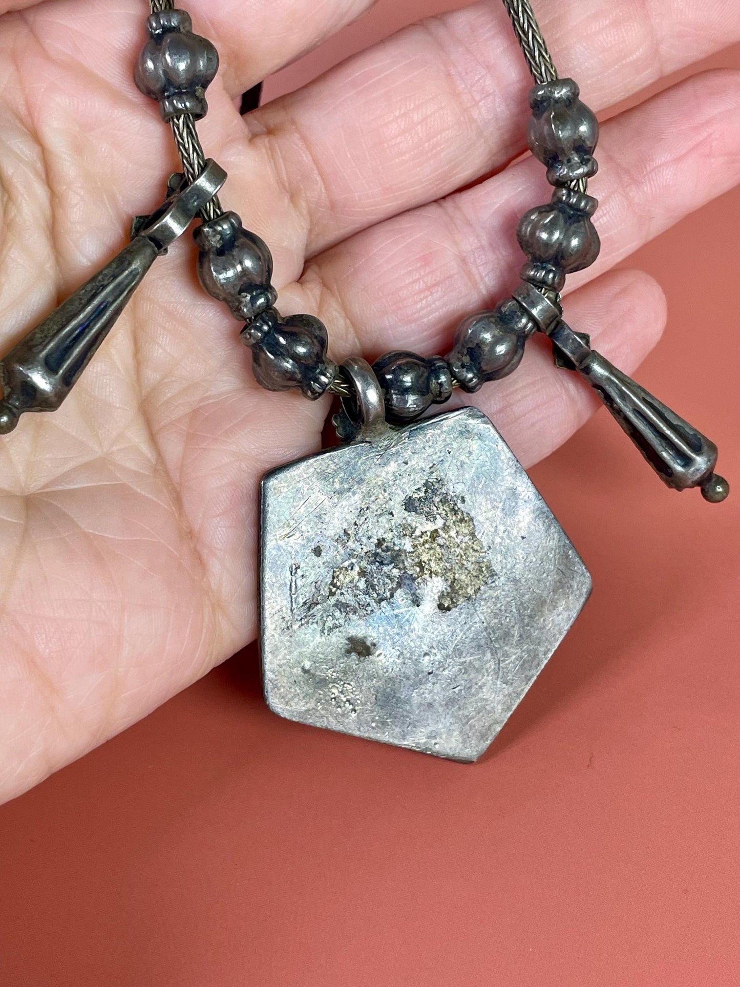 Intricately Designed Pentagon-Shaped Tibetan Necklace with Metal Drop Beads