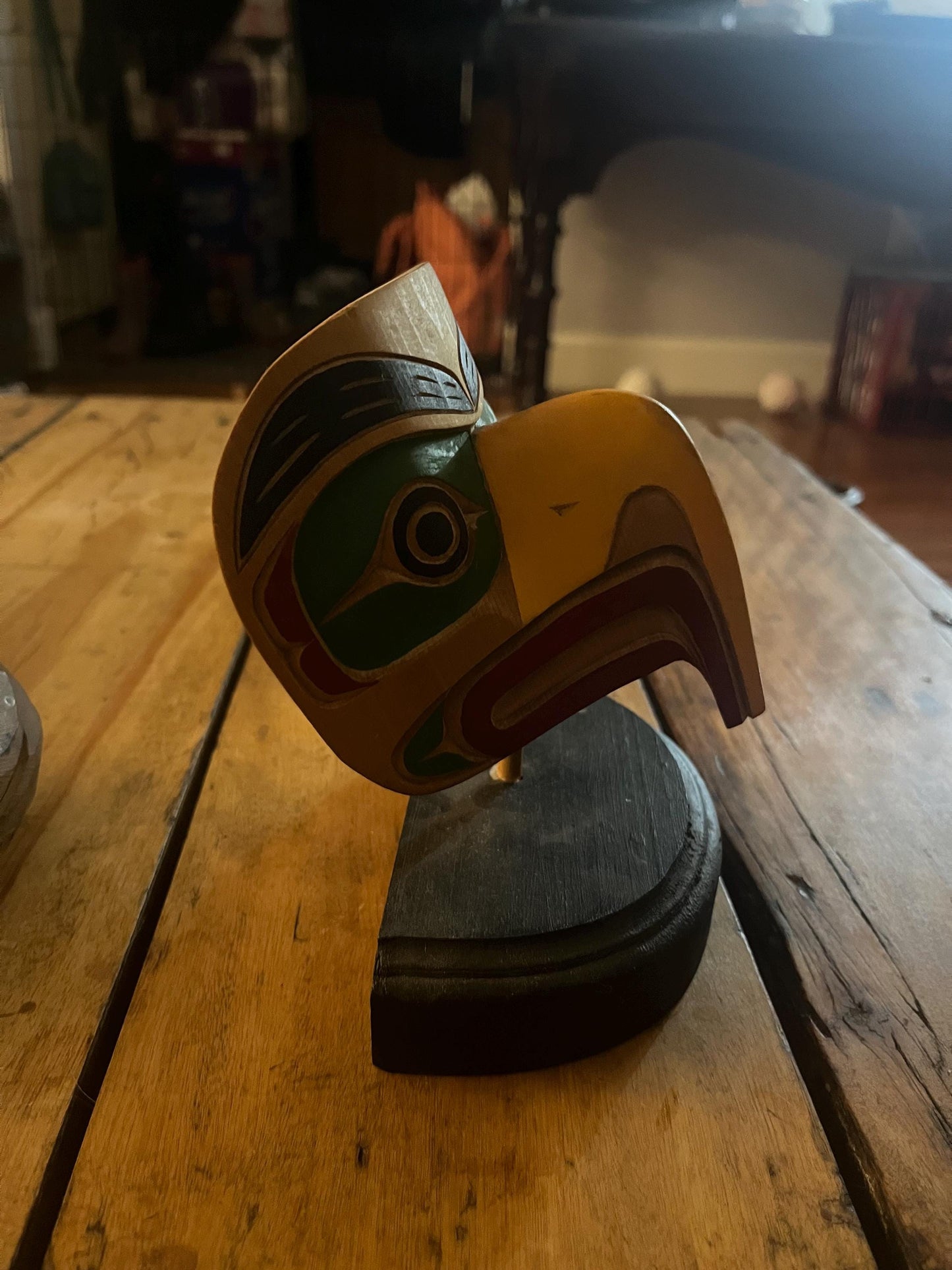 Stunning 7 inch indigenous first nations Pacific Northwest painted mask on stand amazing detail and quality wow