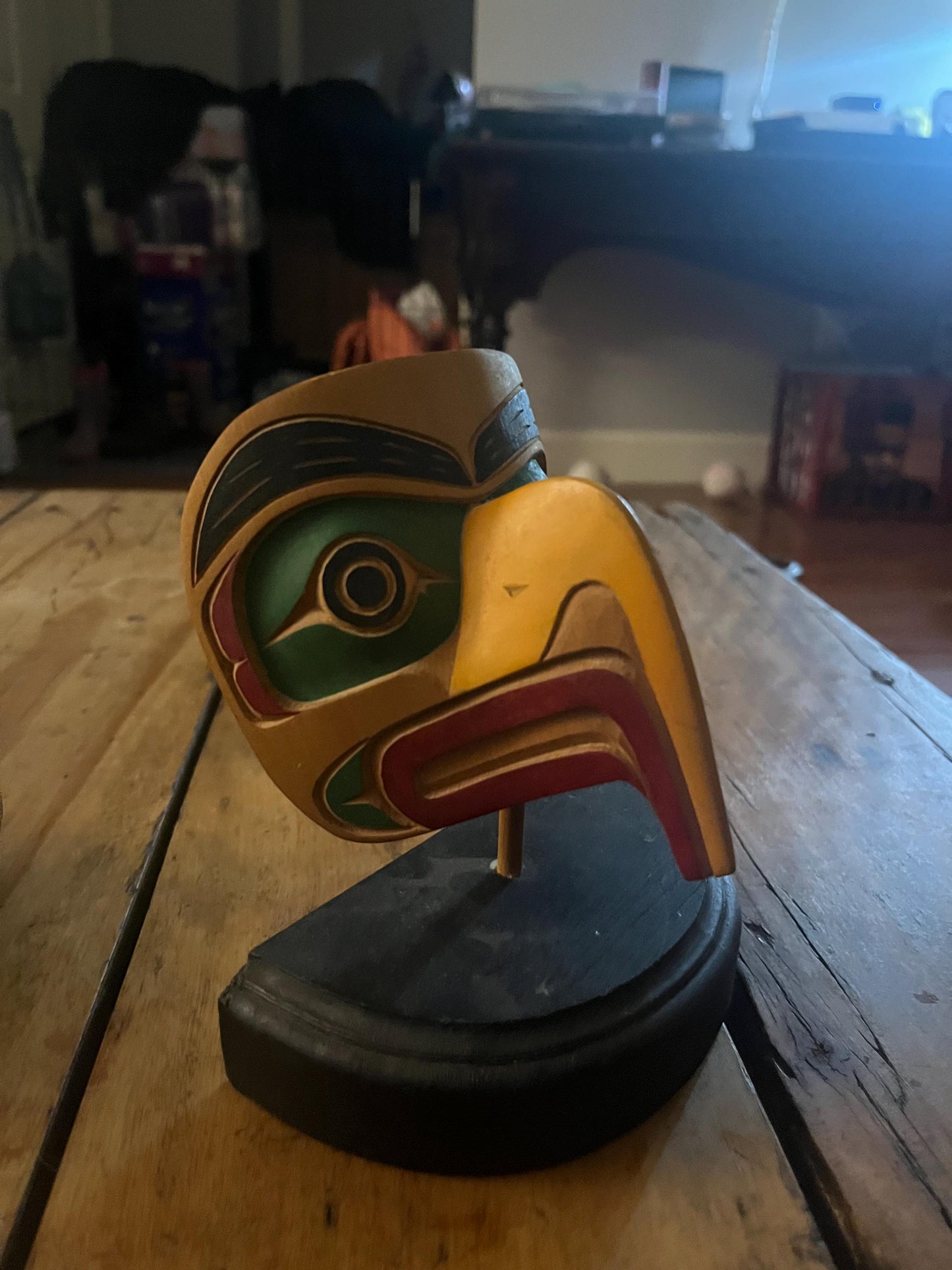 Stunning 7 inch indigenous first nations Pacific Northwest painted mask on stand amazing detail and quality wow