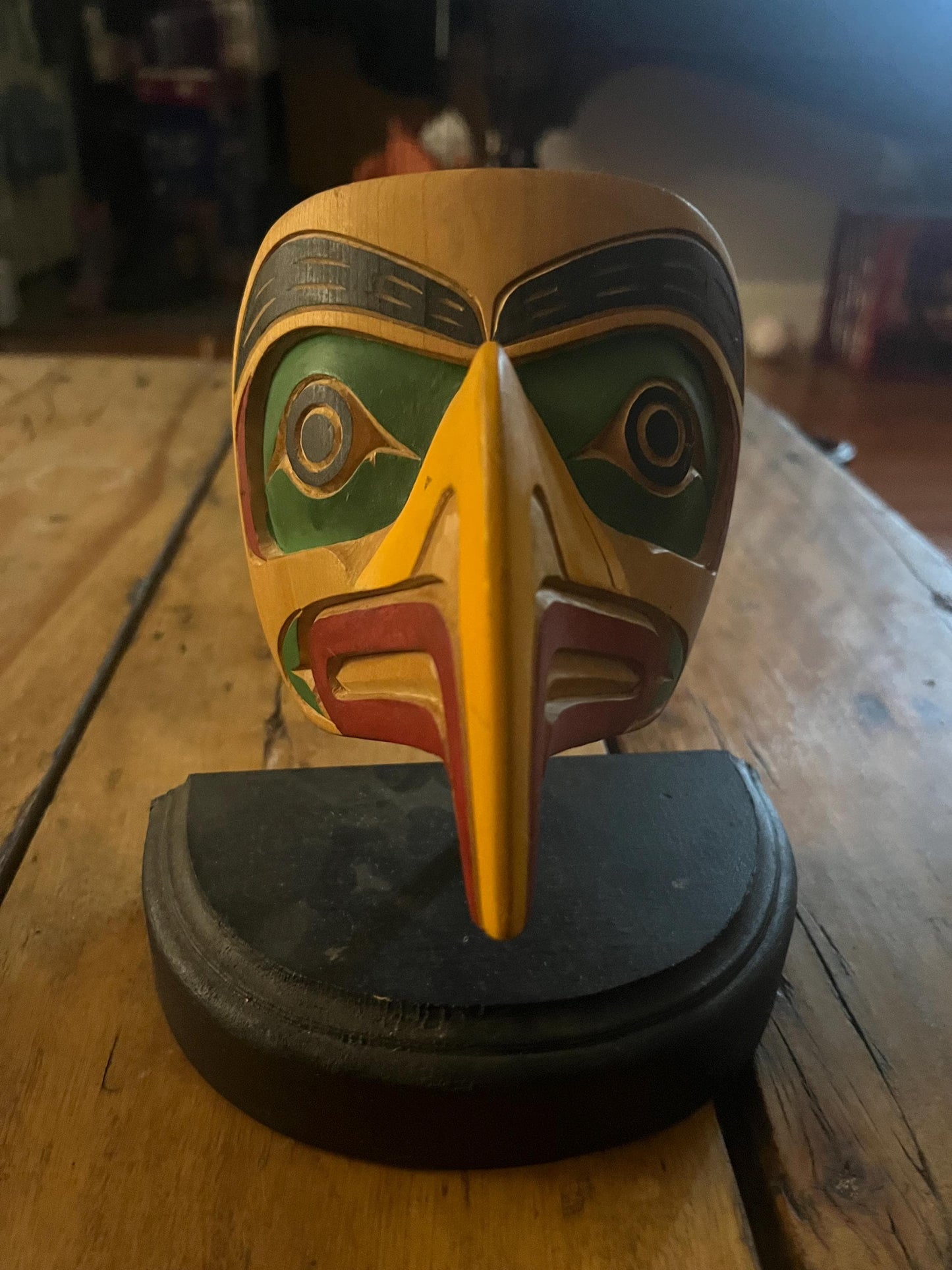 Stunning 7 inch indigenous first nations Pacific Northwest painted mask on stand amazing detail and quality wow