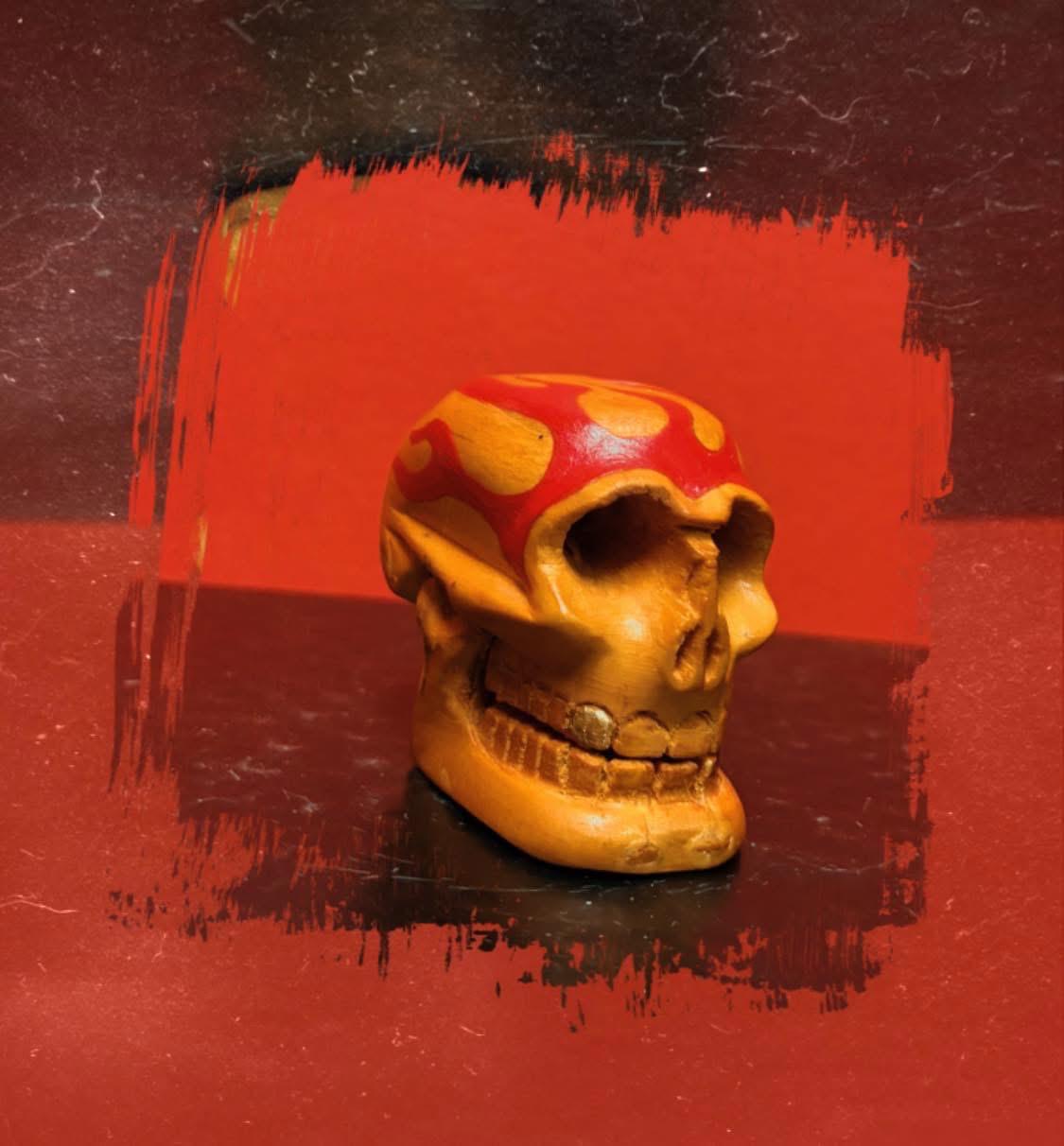 Unique beautiful 2.75 x 2.25 high flaming wood skull with reticulating jaw great gift