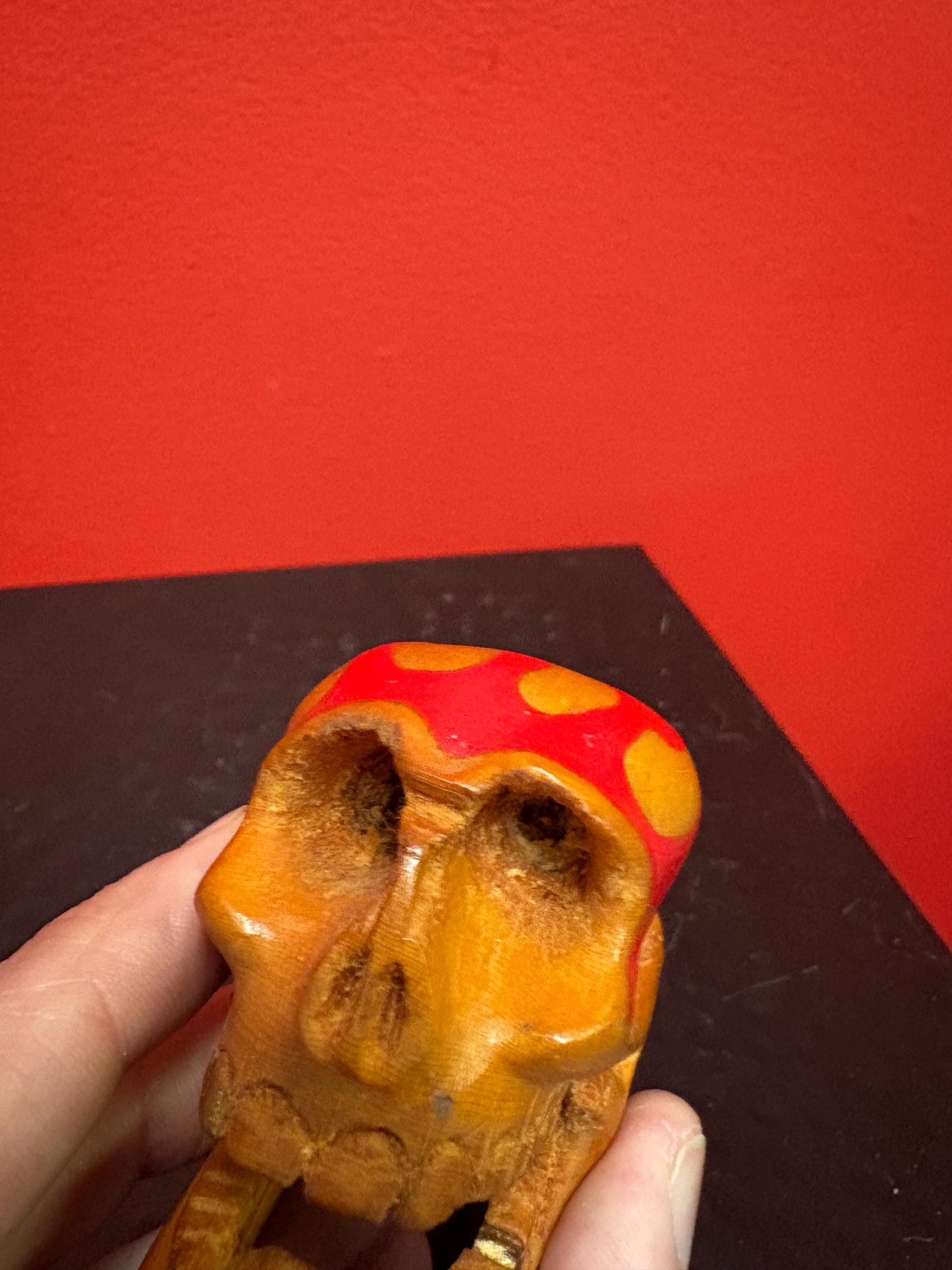 Unique beautiful 2.75 x 2.25 high flaming wood skull with reticulating jaw great gift