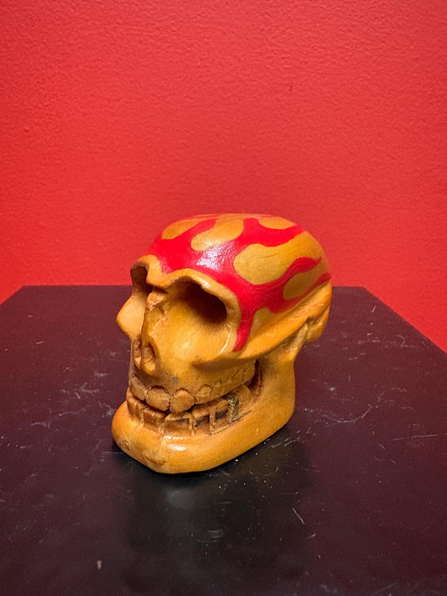 Unique beautiful 2.75 x 2.25 high flaming wood skull with reticulating jaw great gift