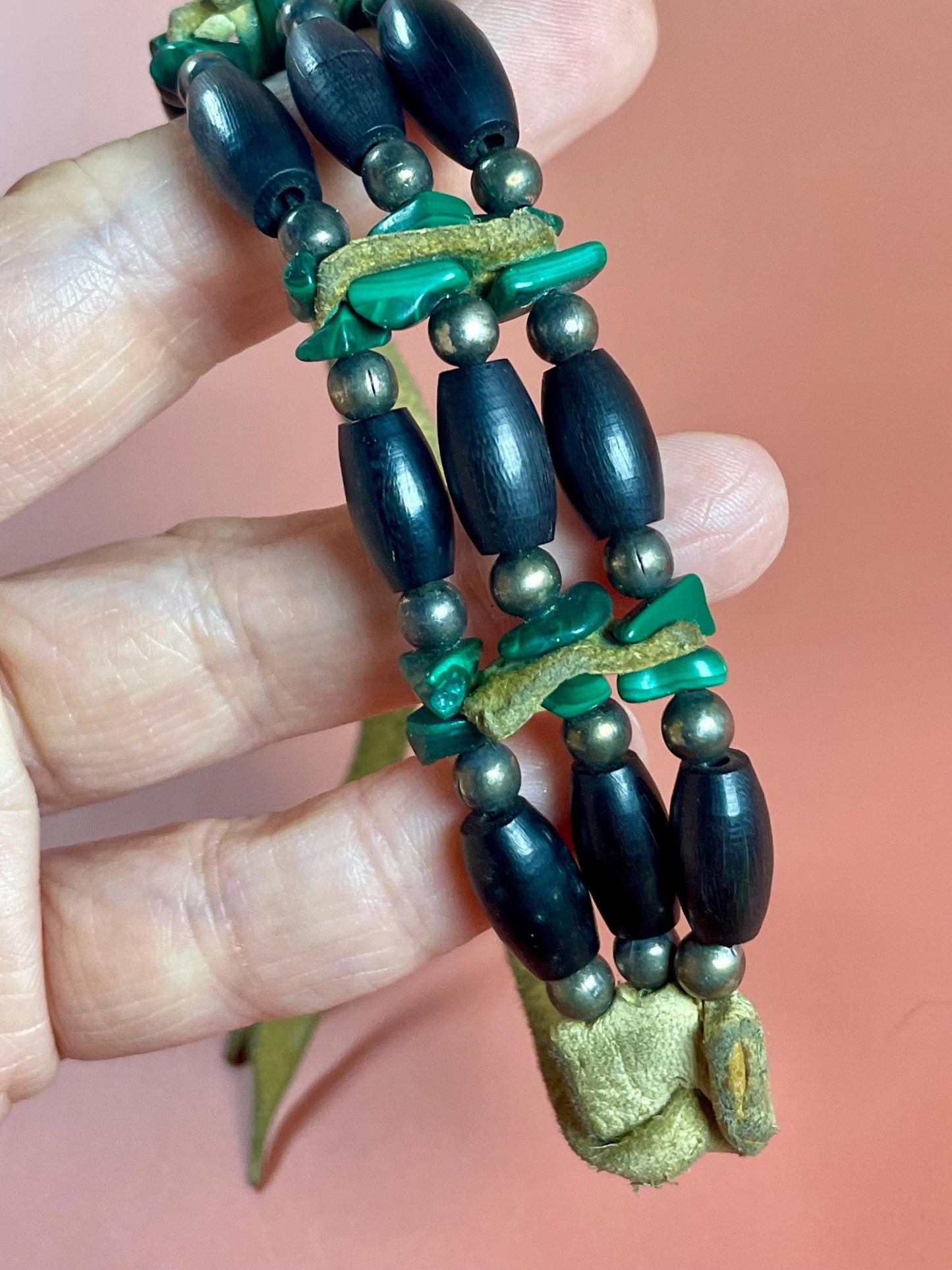 Cool Leather, Ebony wood and stone Bracelet
