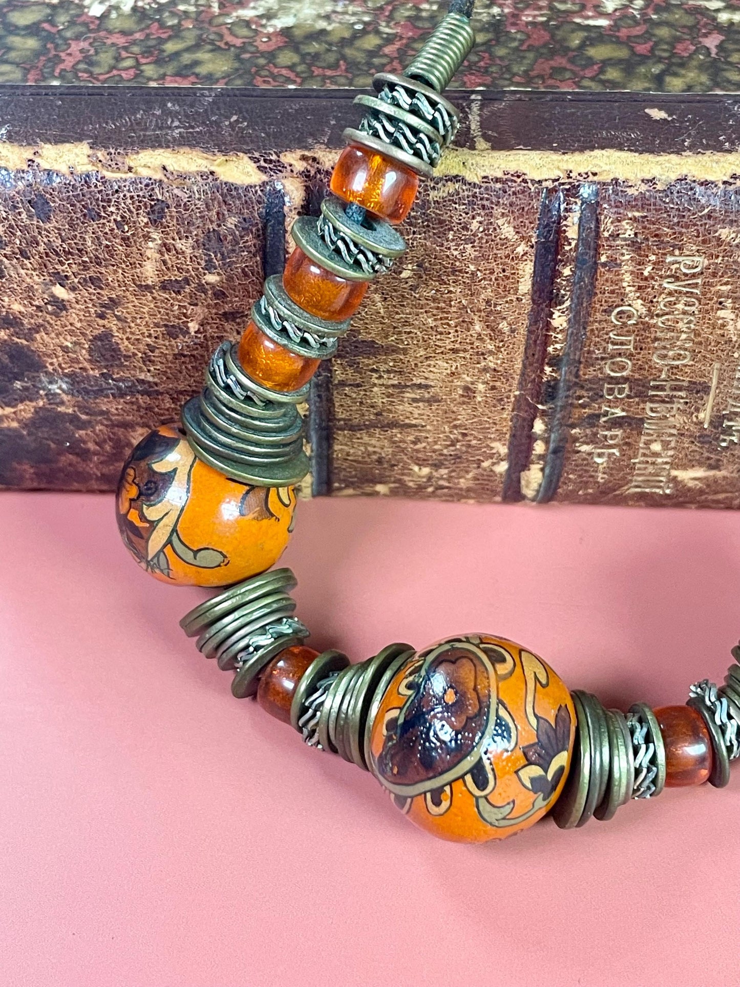 17 Painted Clay Bead Necklace with Metal Accents