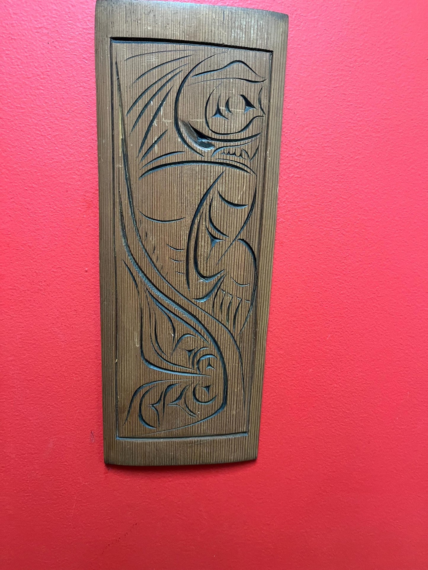 15 x 6 indigenous First Nations Pacific Northwest coast wild man cedar plaque signed and great imagery good price Canadian art