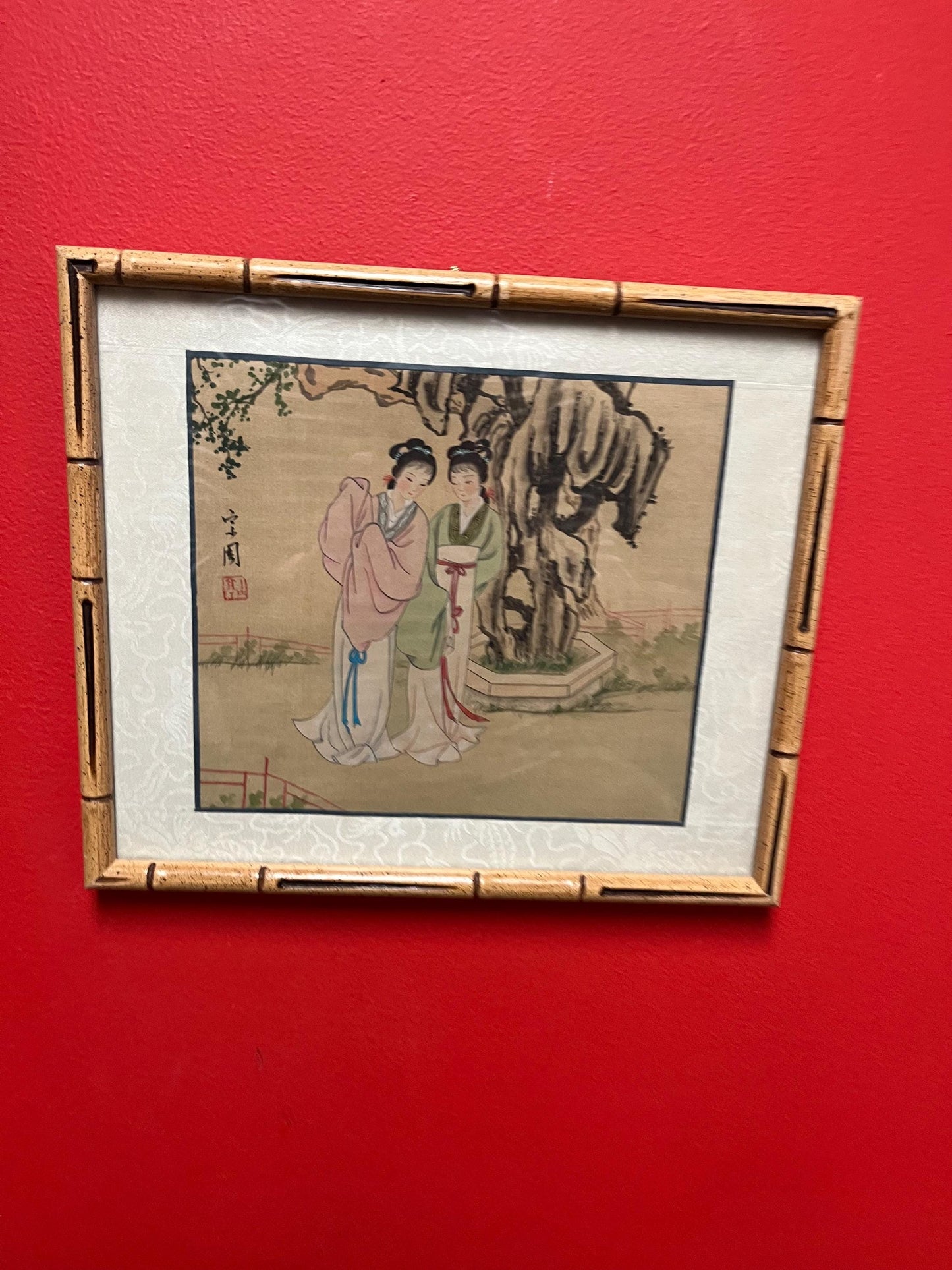 12 x 10 inch Japanese signed watercolour on linen in traditional frame- wow