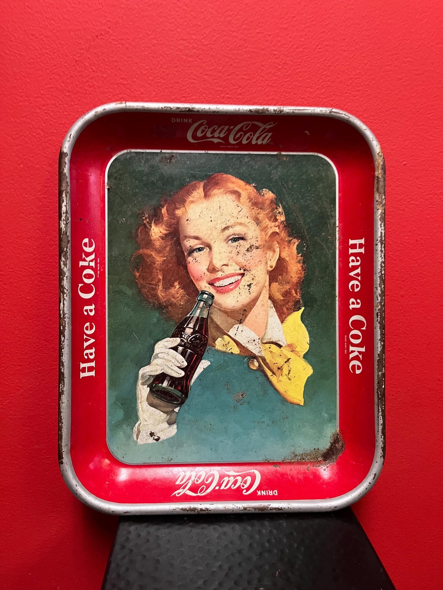 13 x 10 inch antique coke tray in fairly beat up condition great decor - price reflects