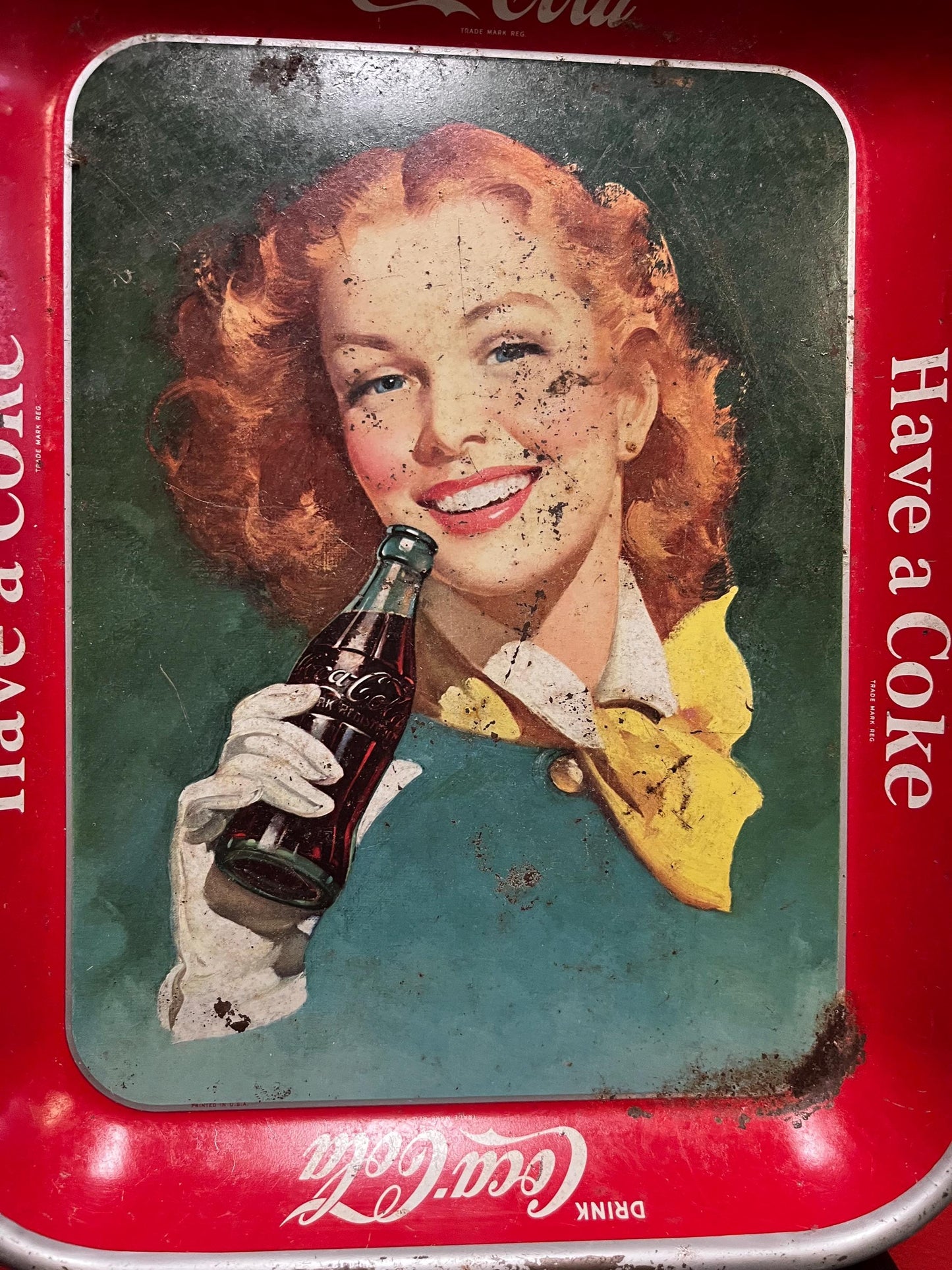 13 x 10 inch antique coke tray in fairly beat up condition great decor - price reflects
