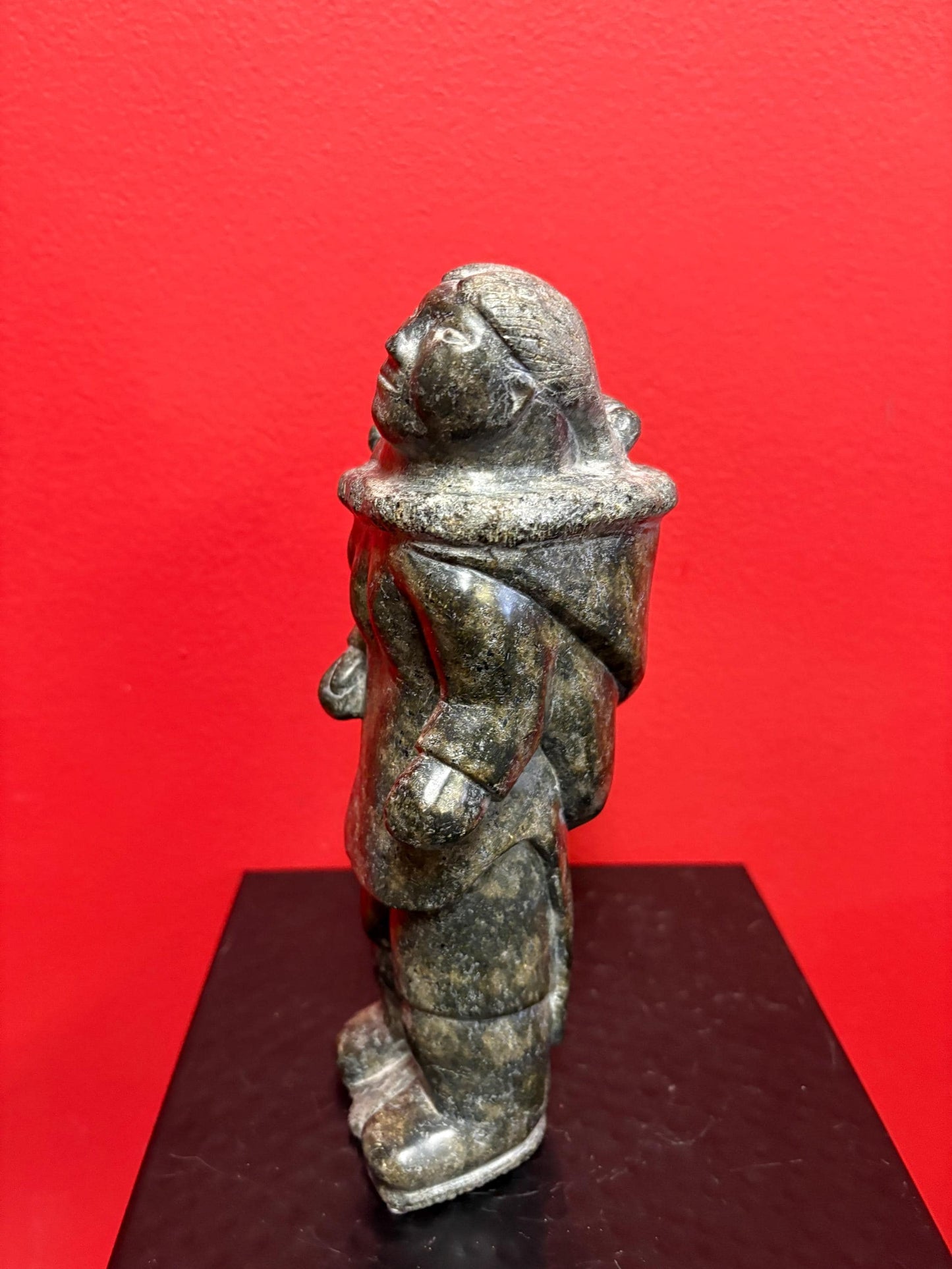 Fabulous signed indigenous Inuit  soapstone statue of a man and child   9 inches tall  great condition and detail  Inuit art